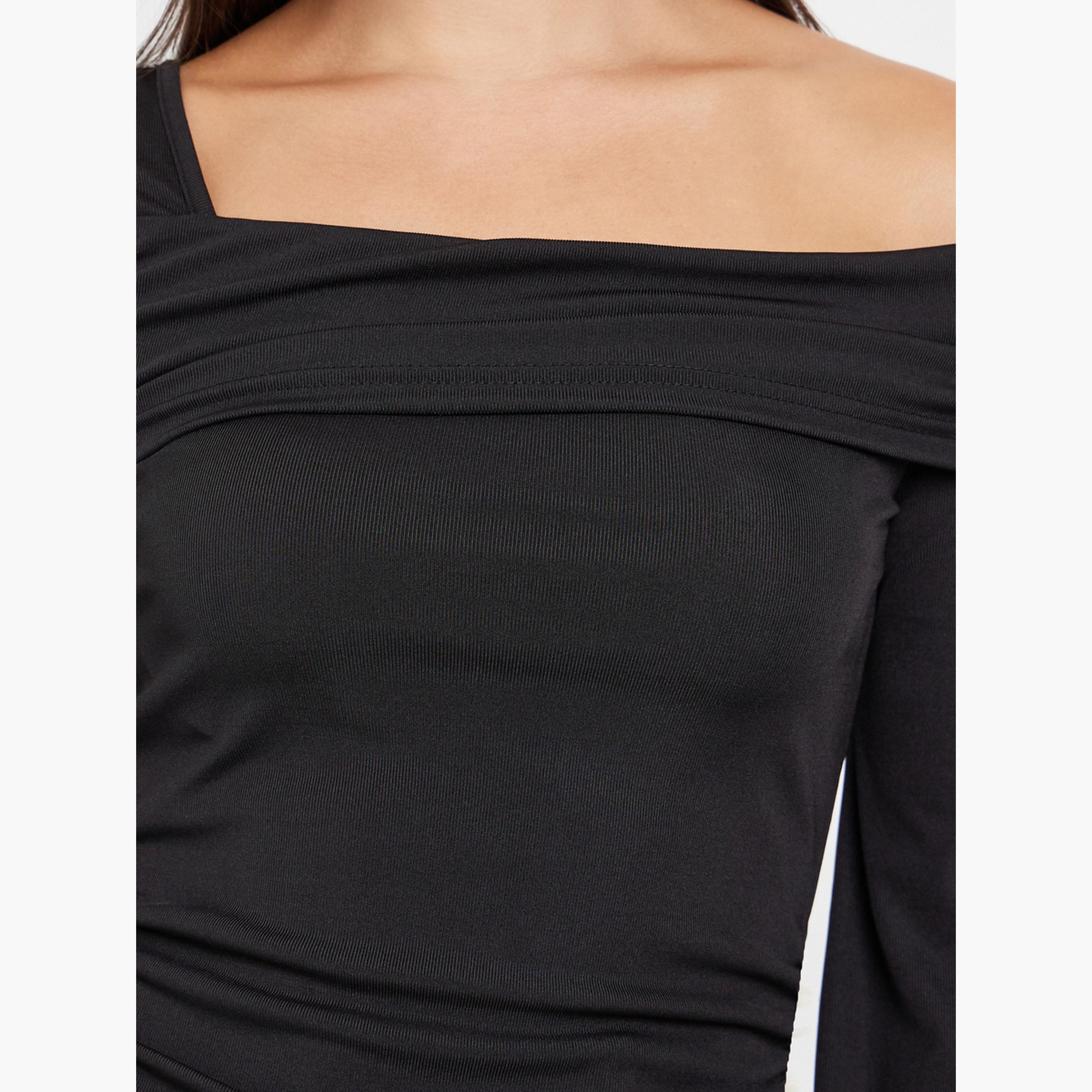 ستايلي - بلوزة محبوكة سوداء برقبة غير متماثلة للنساء-women-clothing-tshirts-image-4