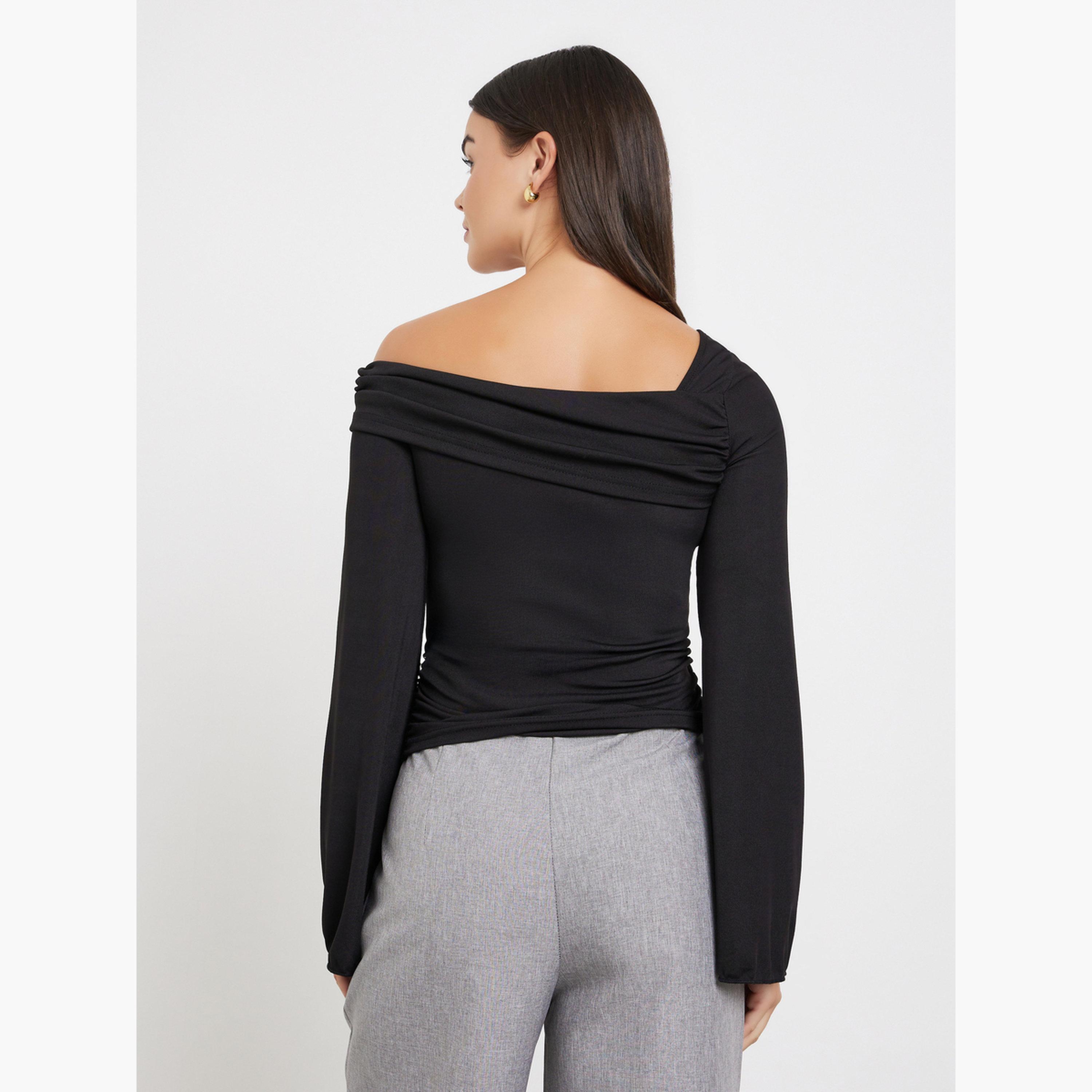 Styli Women Black Asymmetric Neck Knit Top-women-clothing-tshirts-image-5