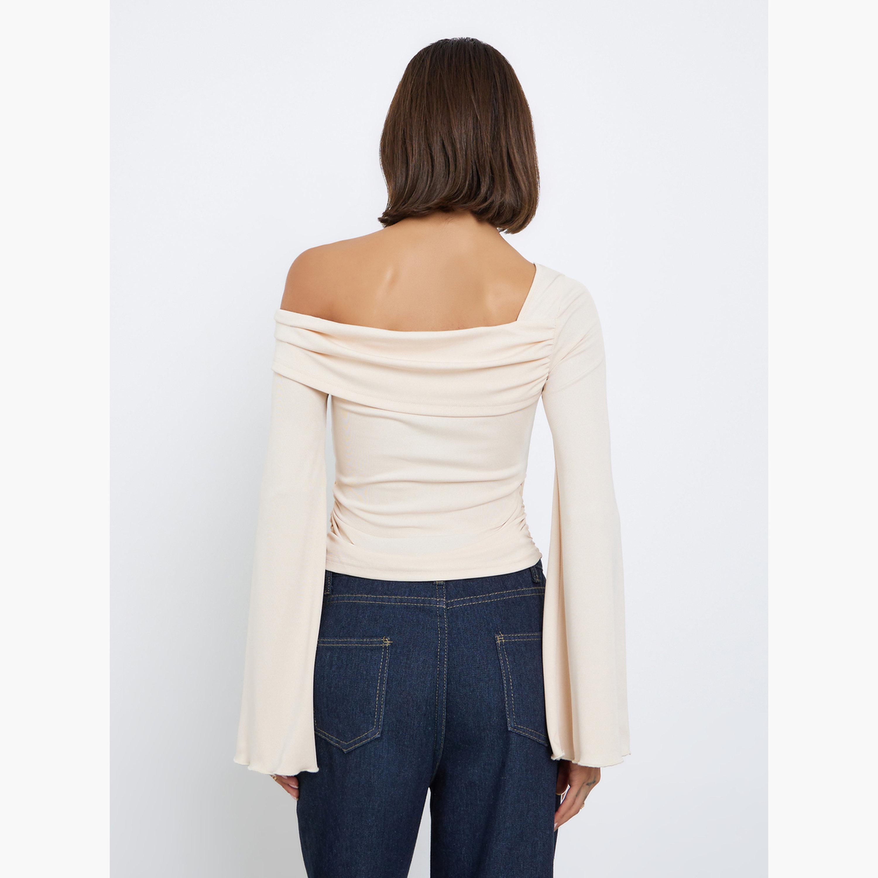 ستايلي - بلوزة كريمية محبوكة برقبة غير متماثلة للنساء-women-clothing-tshirts-image-4