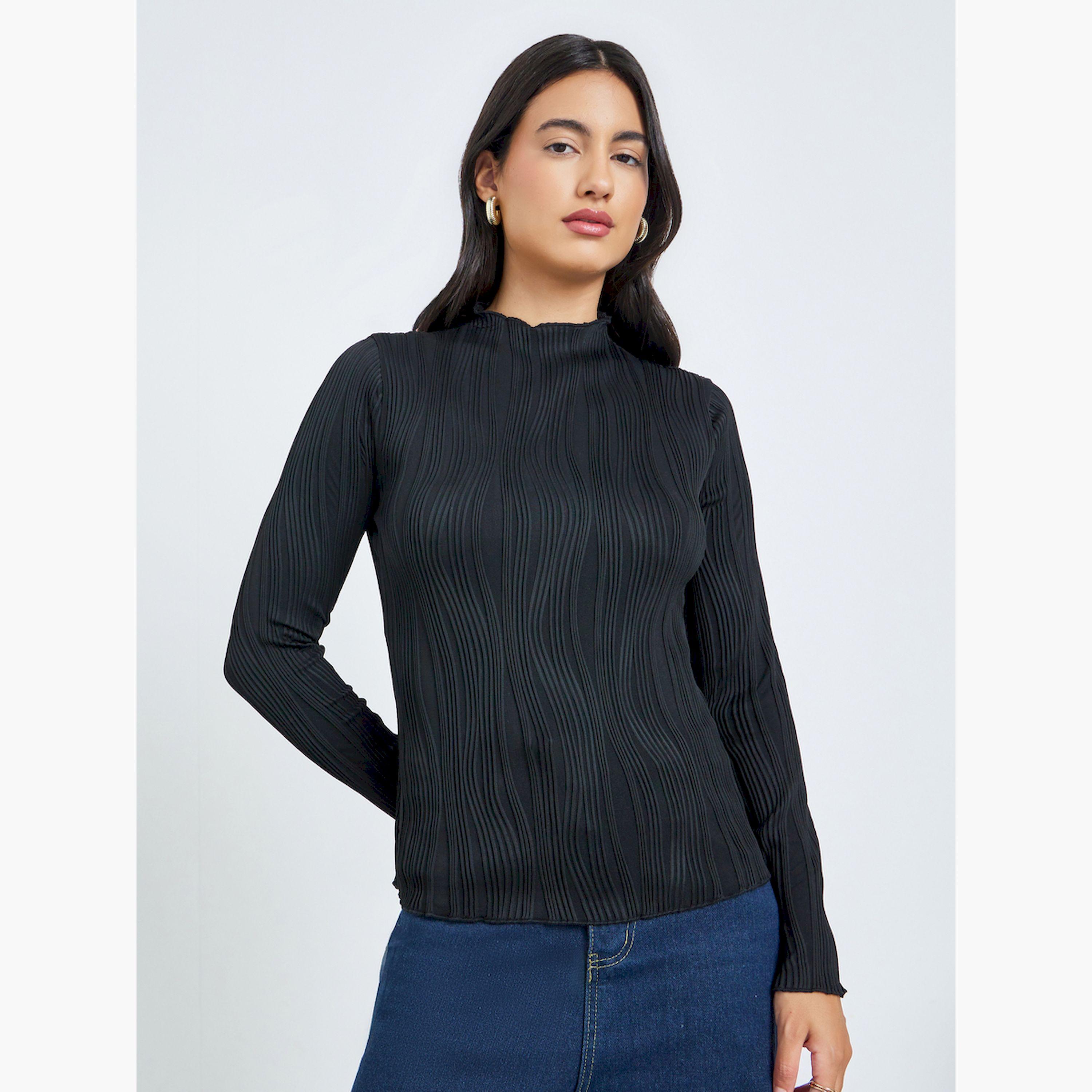 Styli Black Textured Knit Long Sleeve Top-women-clothing-tshirts-image-1