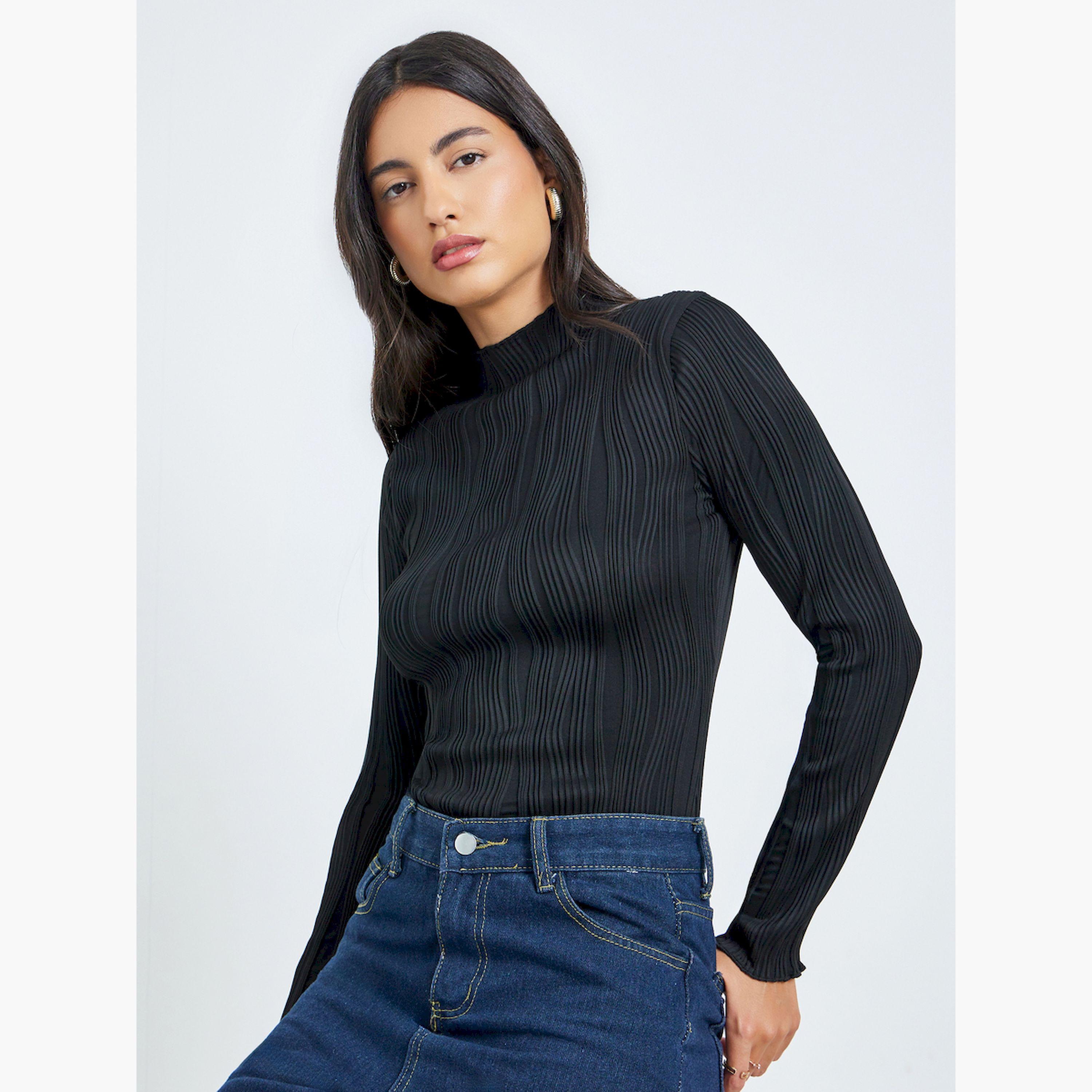 Styli Black Textured Knit Long Sleeve Top-women-clothing-tshirts-image-3