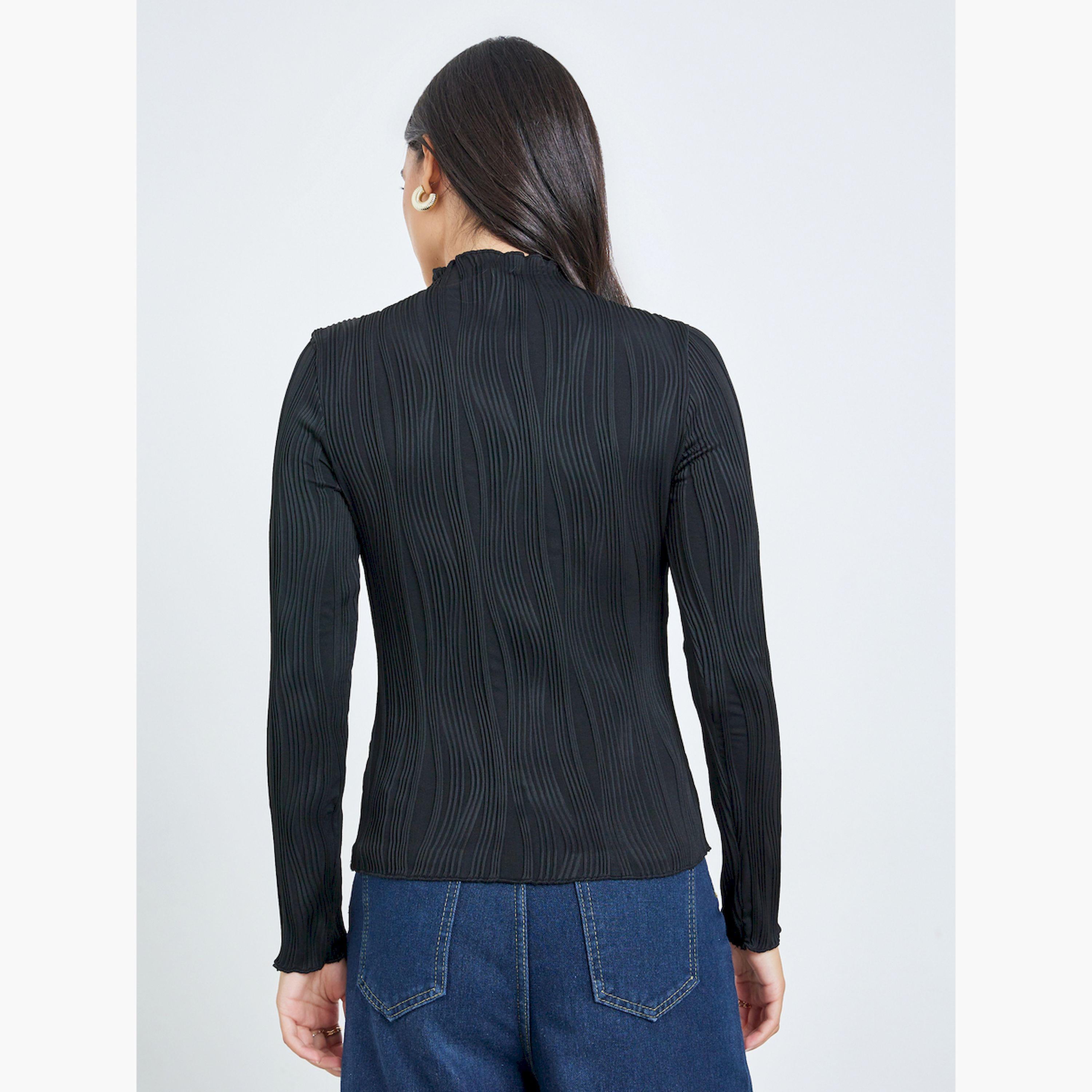 Styli Black Textured Knit Long Sleeve Top-women-clothing-tshirts-image-4