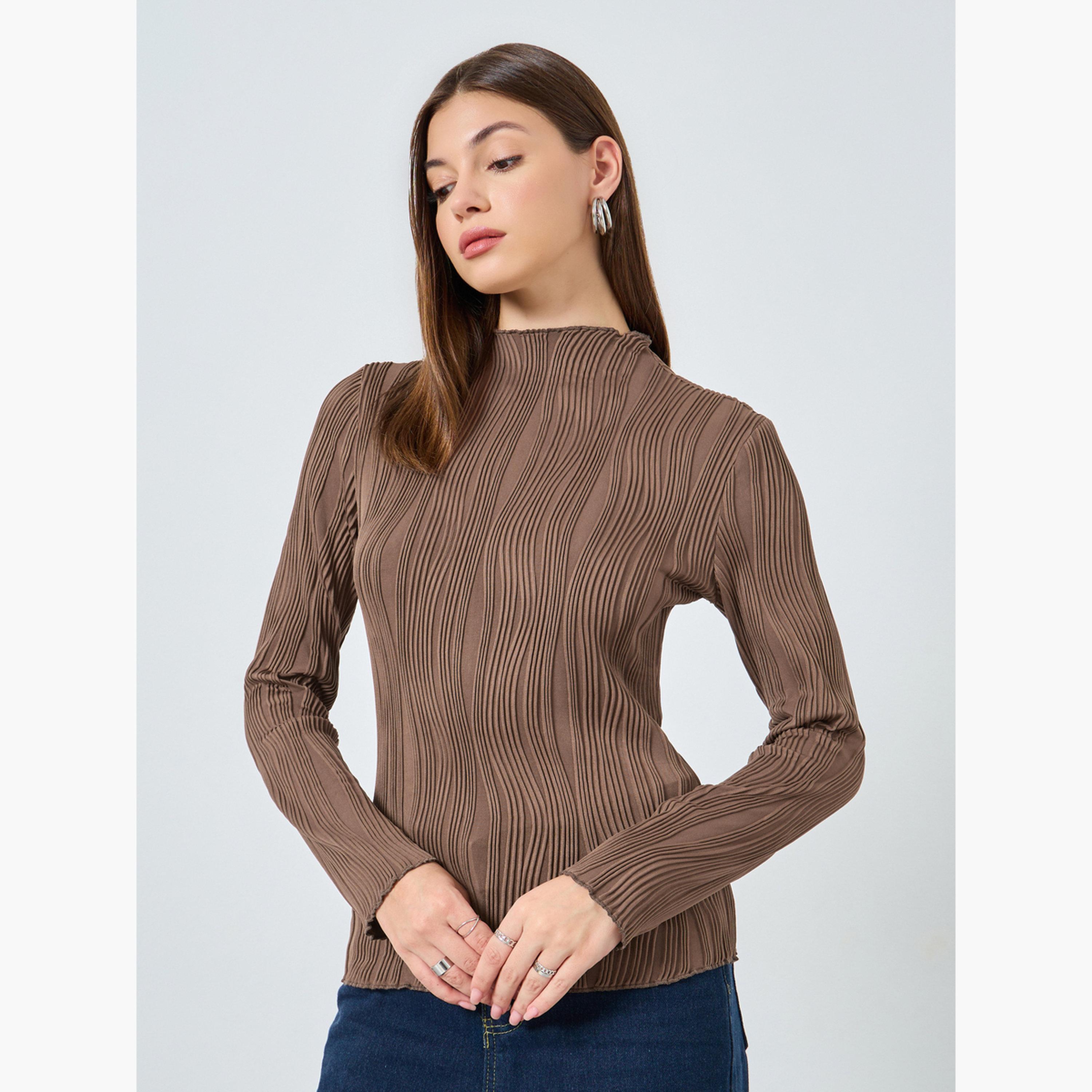 Styli Women Brown Ribbed Knit Long Sleeve Top-women-clothing-tshirts-image-1