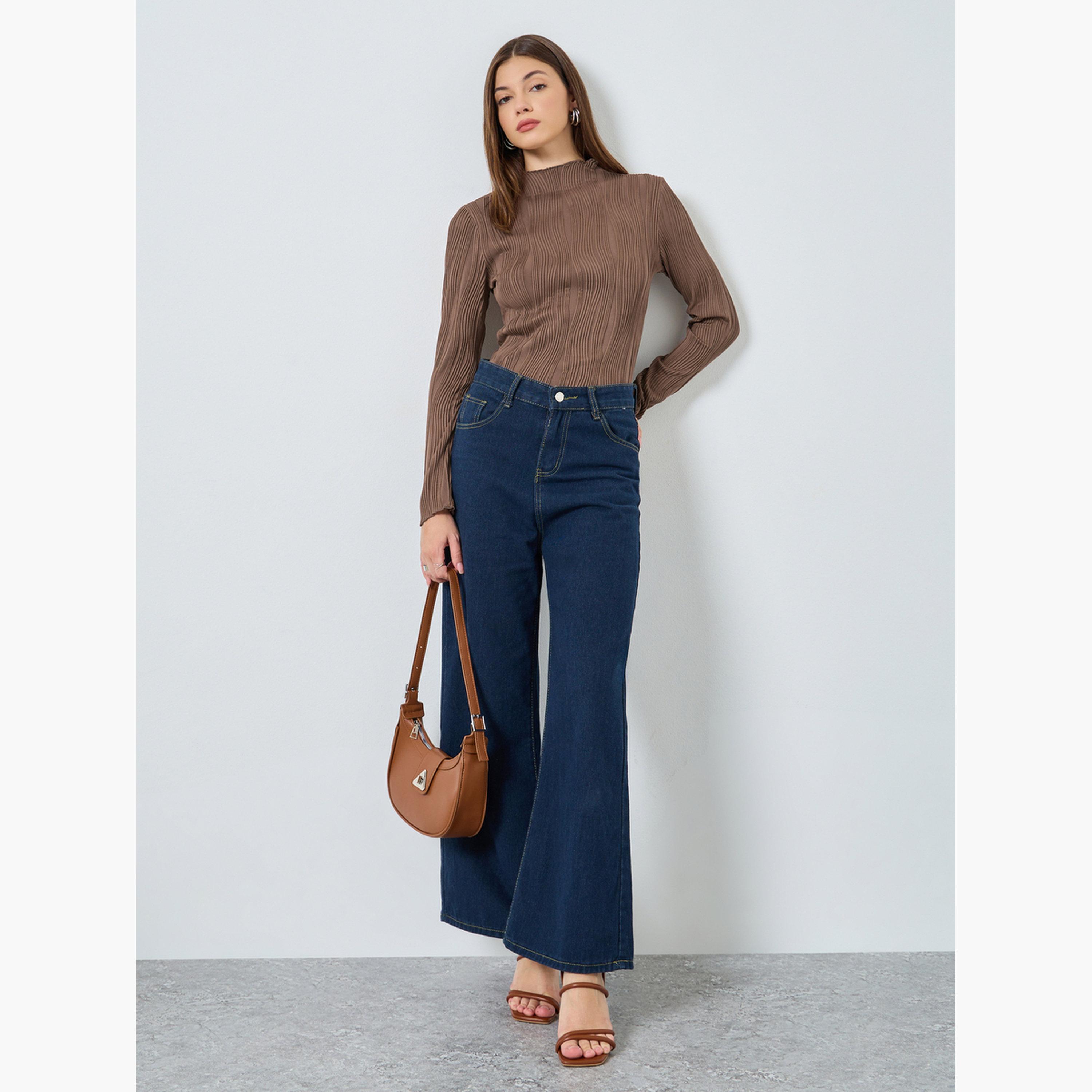 ستايلي - بلوزة بنية اللون محبوكة ومضلعة بأكمام طويلة للنساء-women-clothing-tshirts-image-2