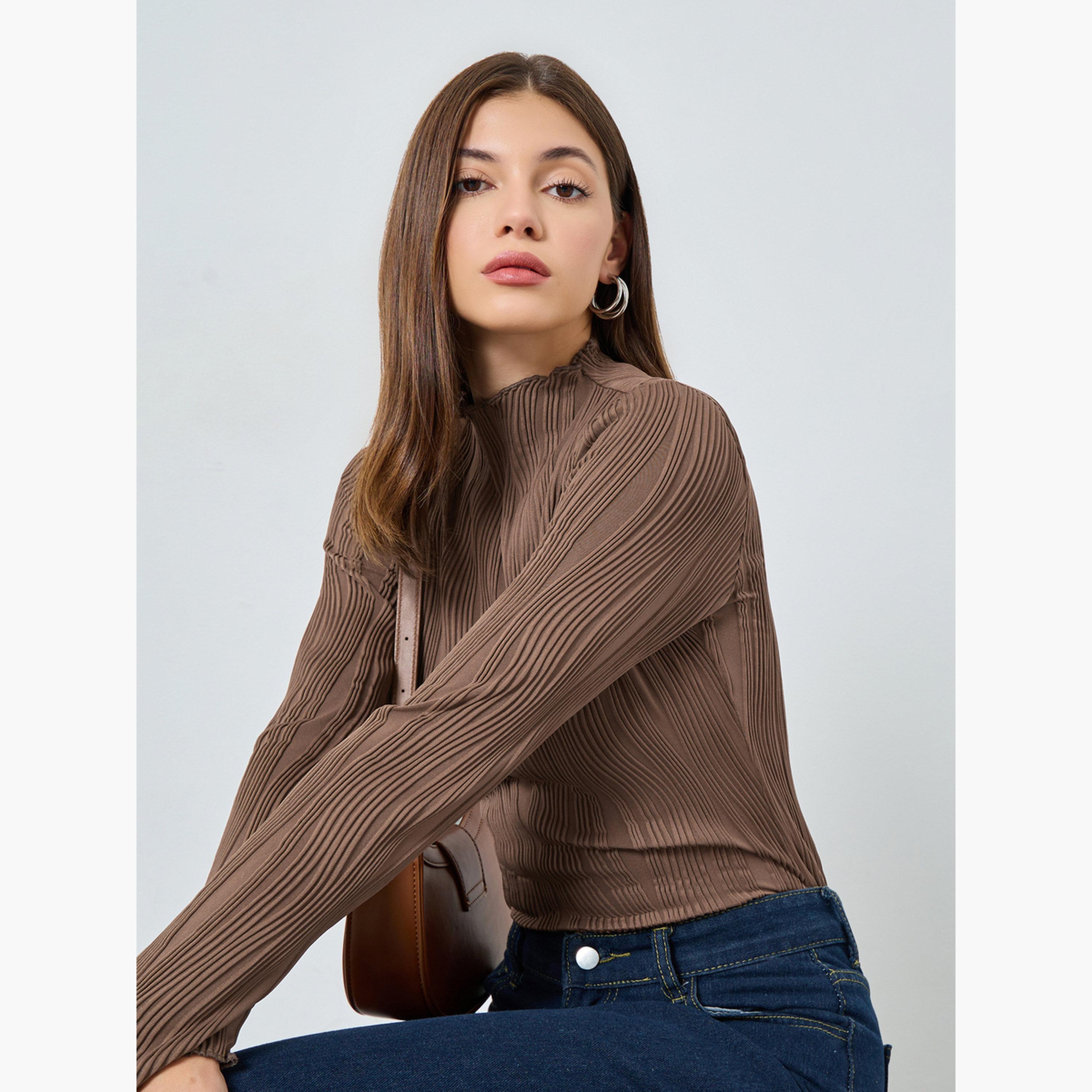 ستايلي - بلوزة بنية اللون محبوكة ومضلعة بأكمام طويلة للنساء-women-clothing-tshirts-image-3