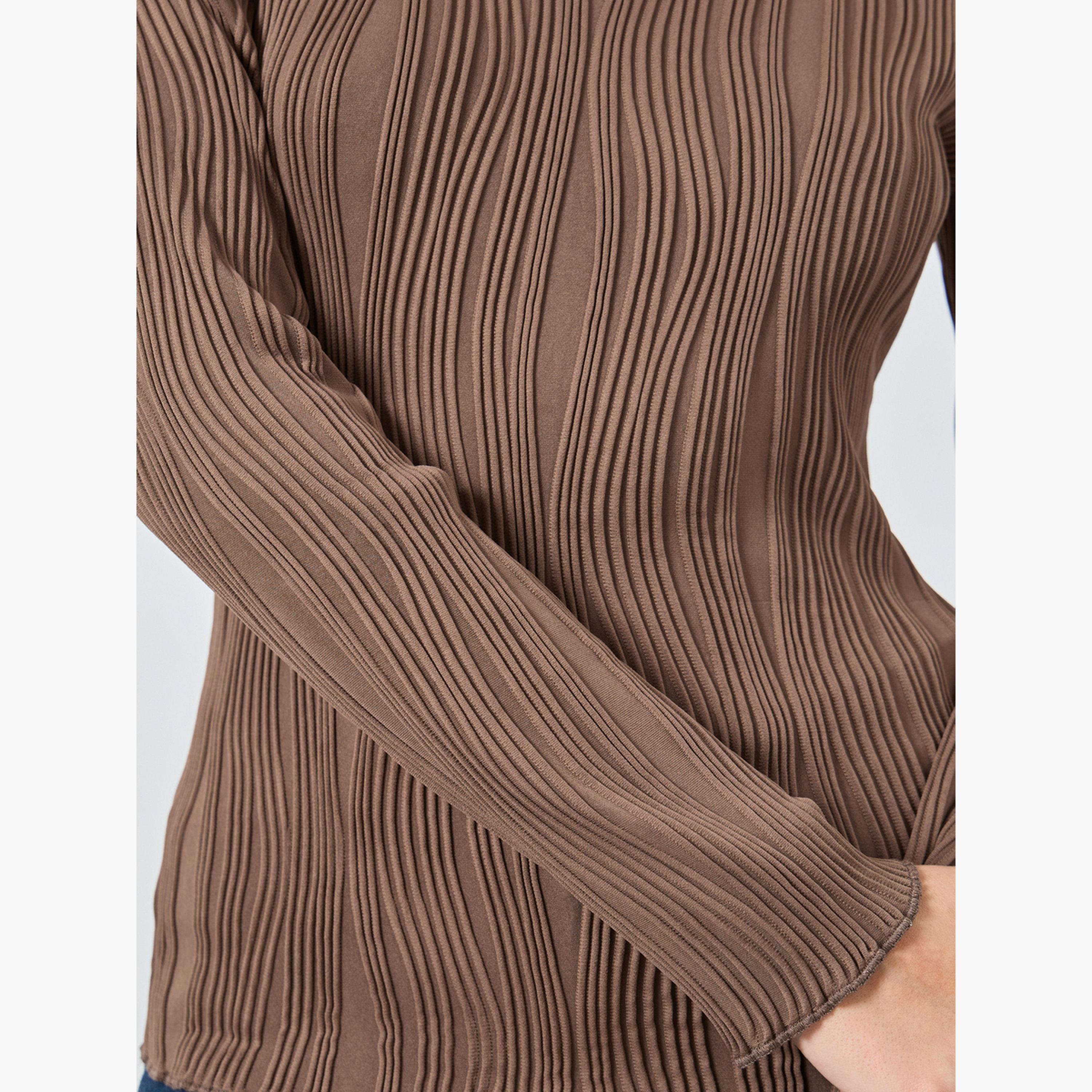 ستايلي - بلوزة بنية اللون محبوكة ومضلعة بأكمام طويلة للنساء-women-clothing-tshirts-image-4