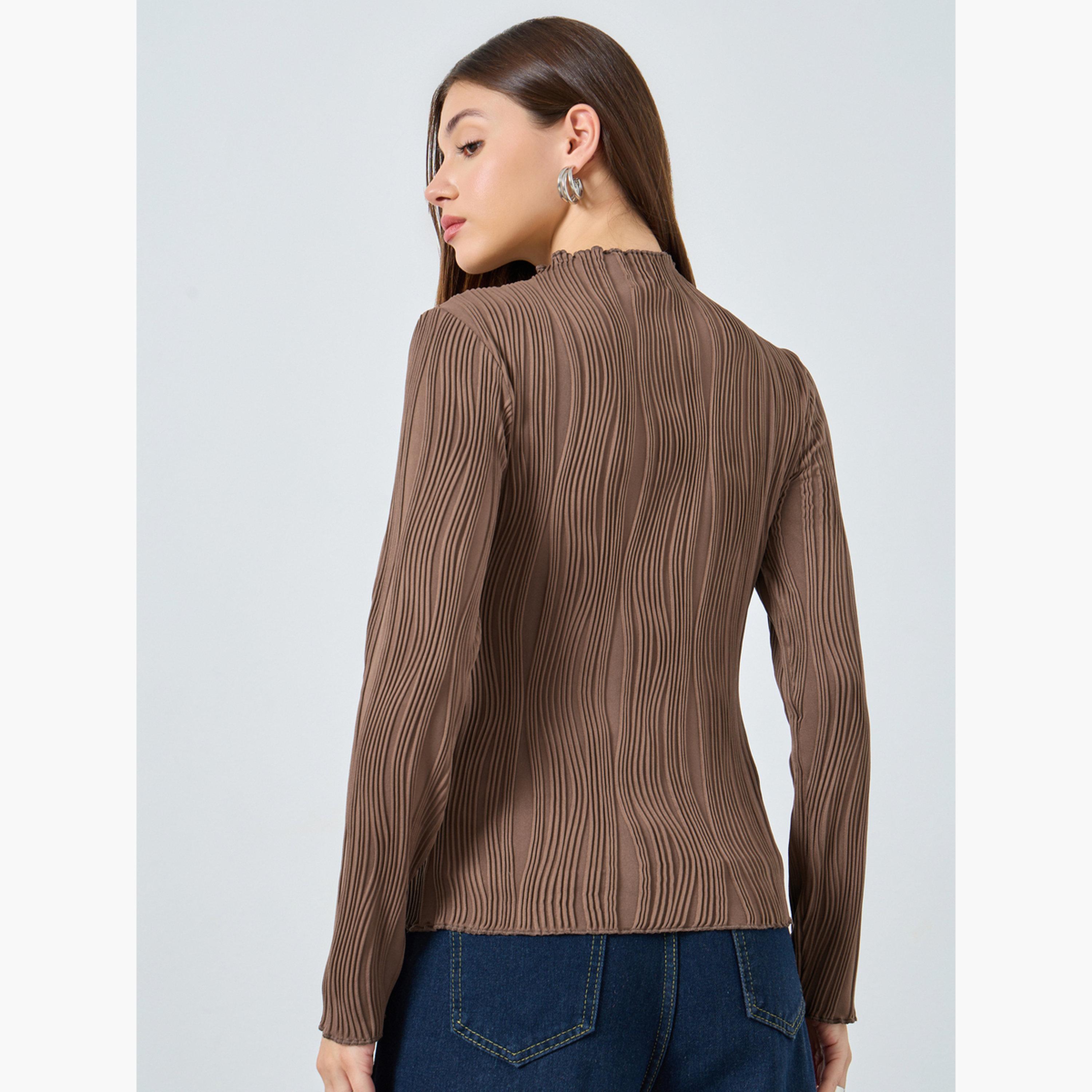 Styli Women Brown Ribbed Knit Long Sleeve Top-women-clothing-tshirts-image-5