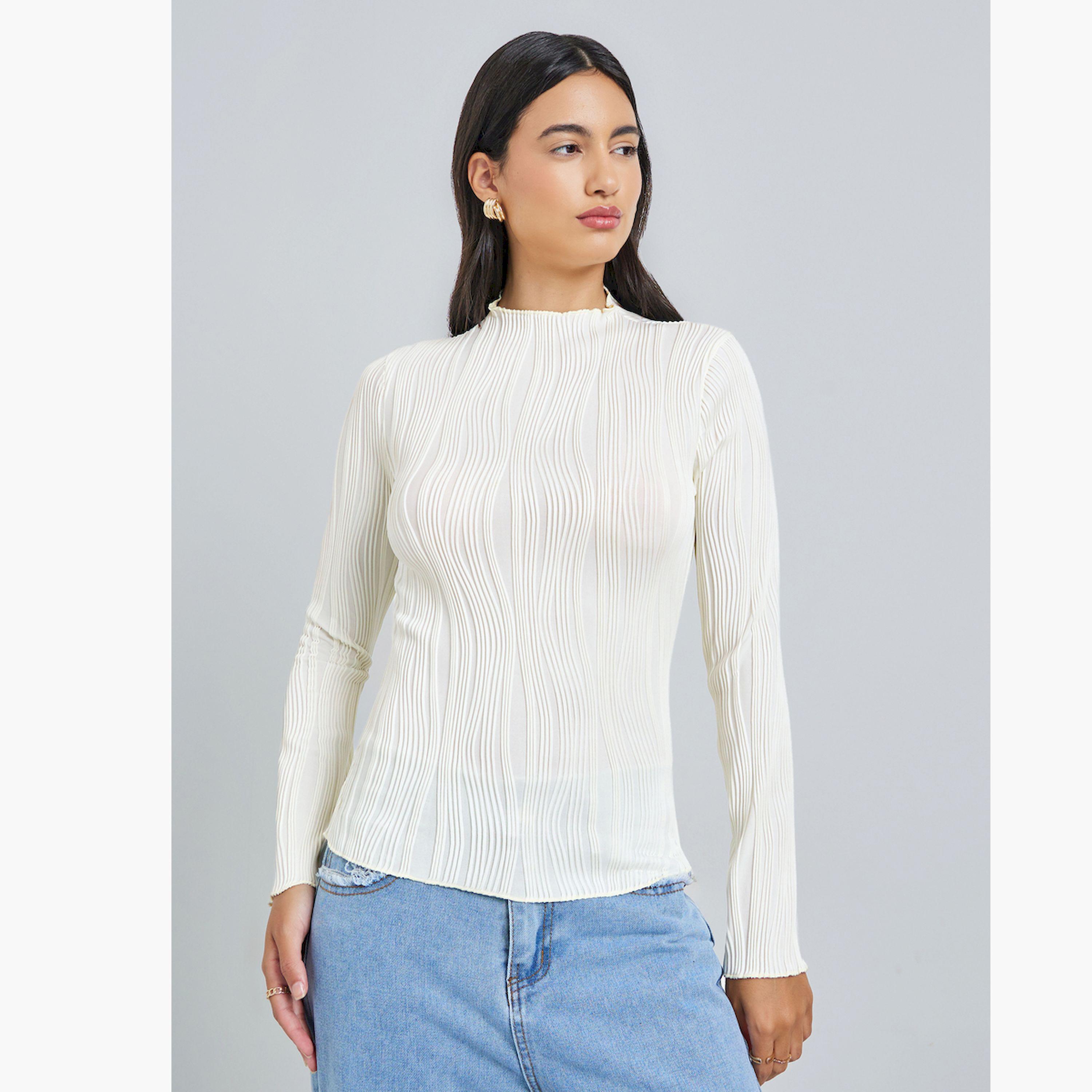 Styli Off-White Textured Knit Long Sleeve Top-women-clothing-tshirts-image-1