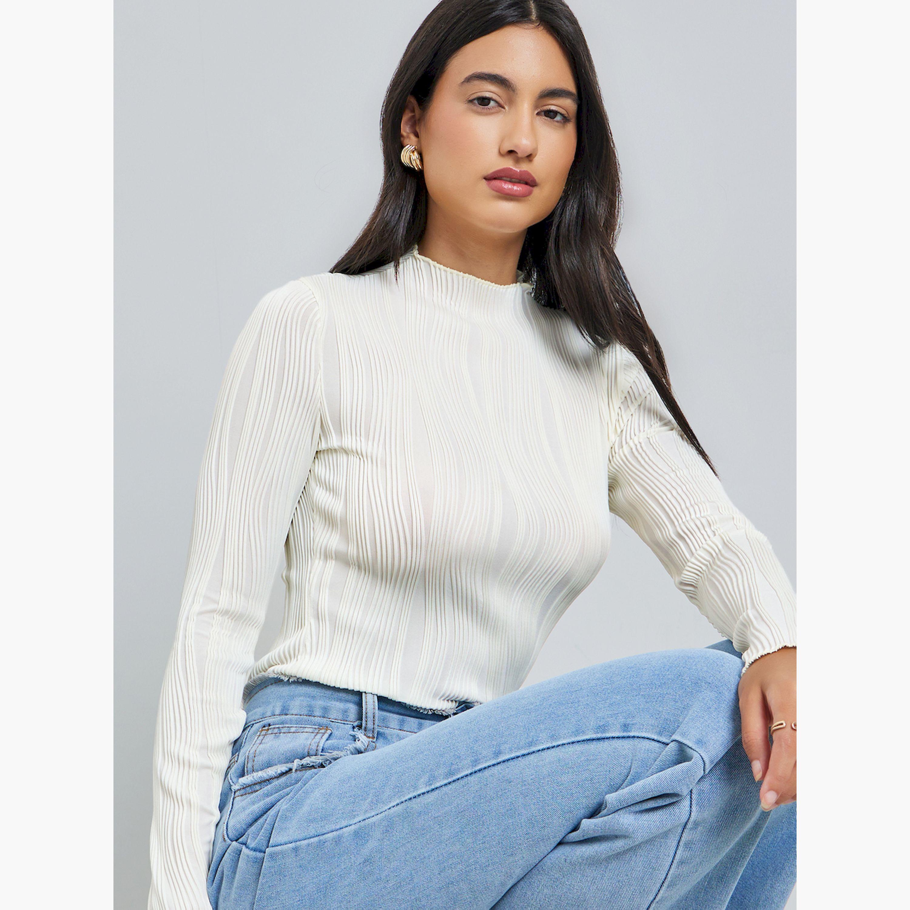 Styli Off-White Textured Knit Long Sleeve Top-women-clothing-tshirts-image-3