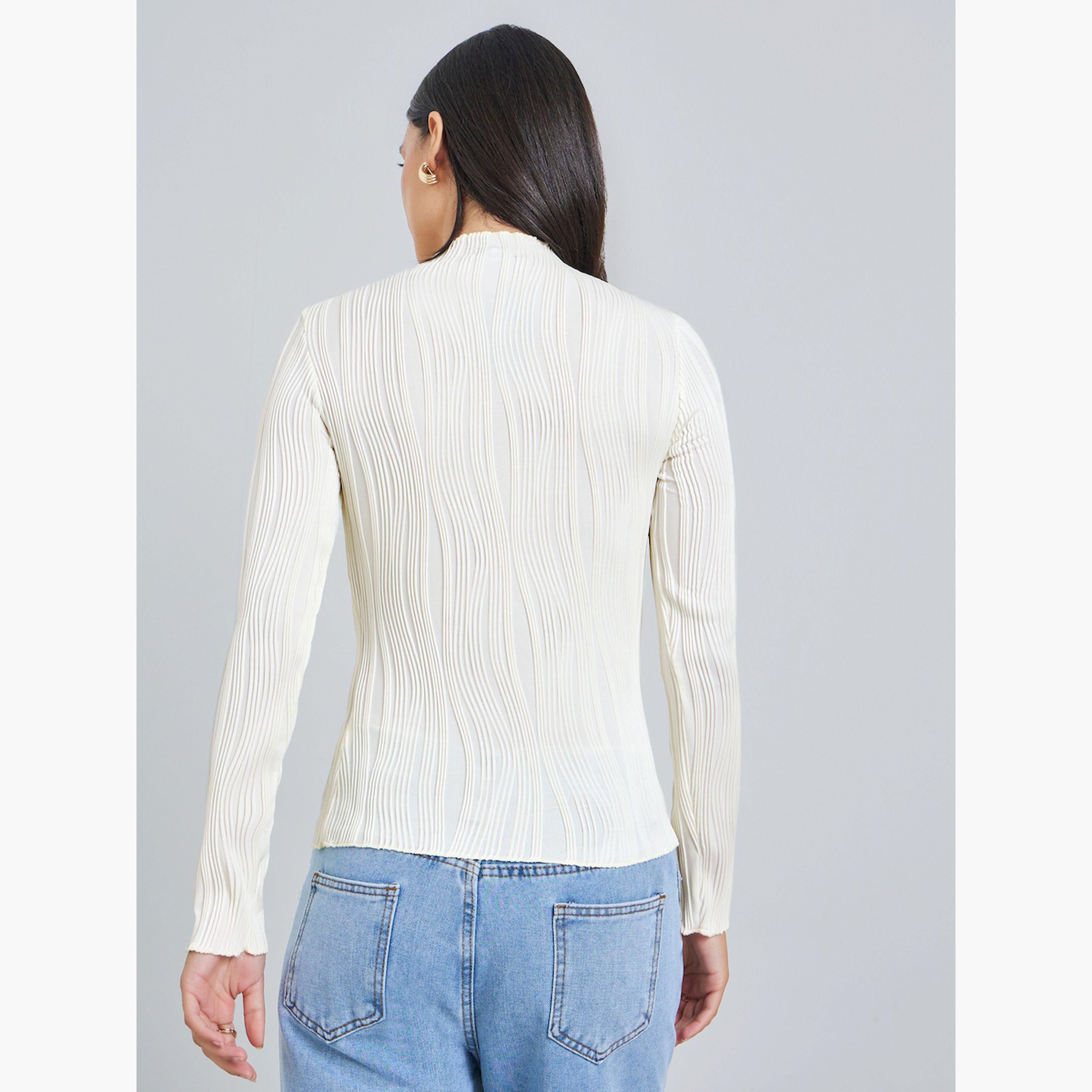 Styli Off-White Textured Knit Long Sleeve Top-women-clothing-tshirts-image-4