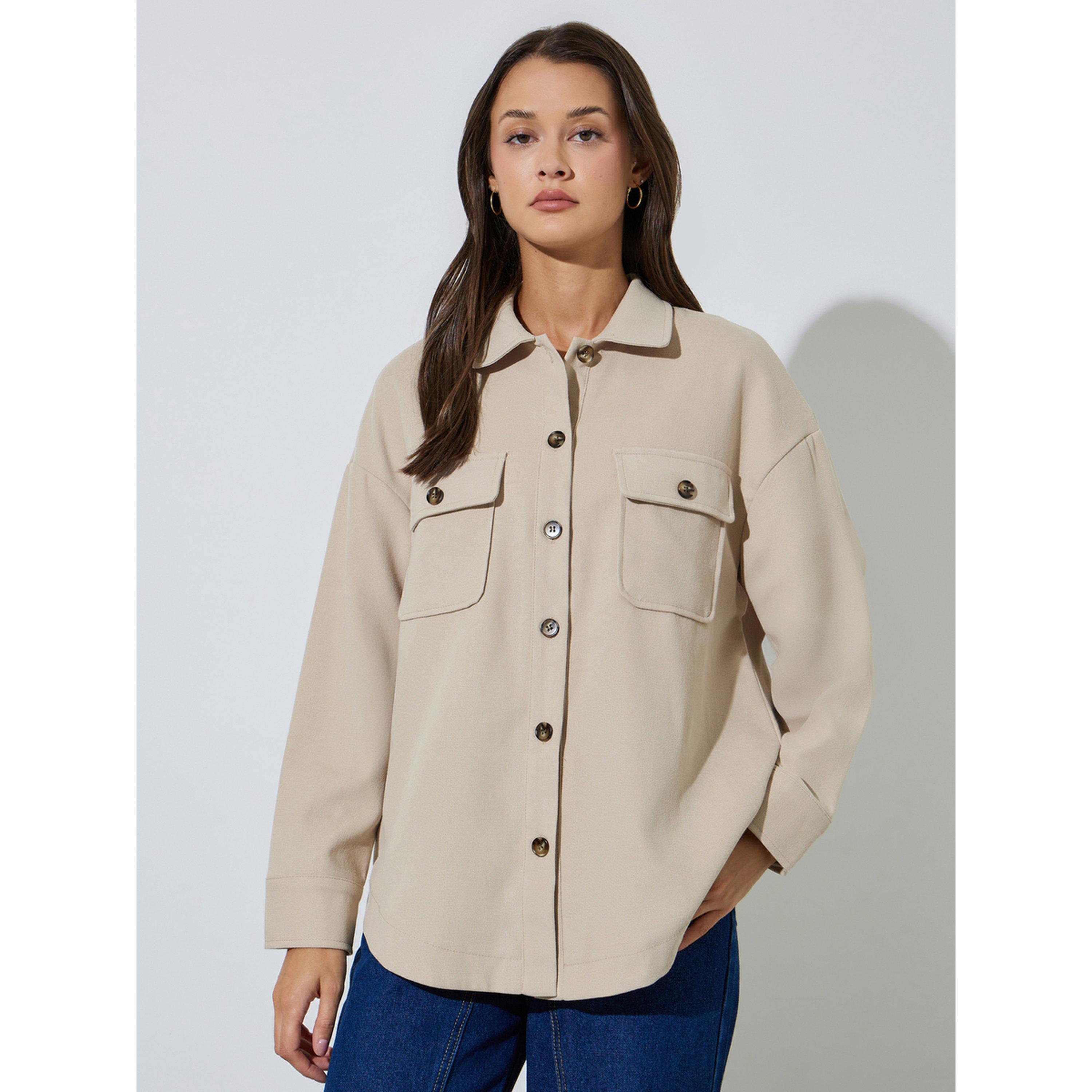 Styli Beige Front Button Collared Shirt-women-clothing-shirtsandblouses-shirts-image-1
