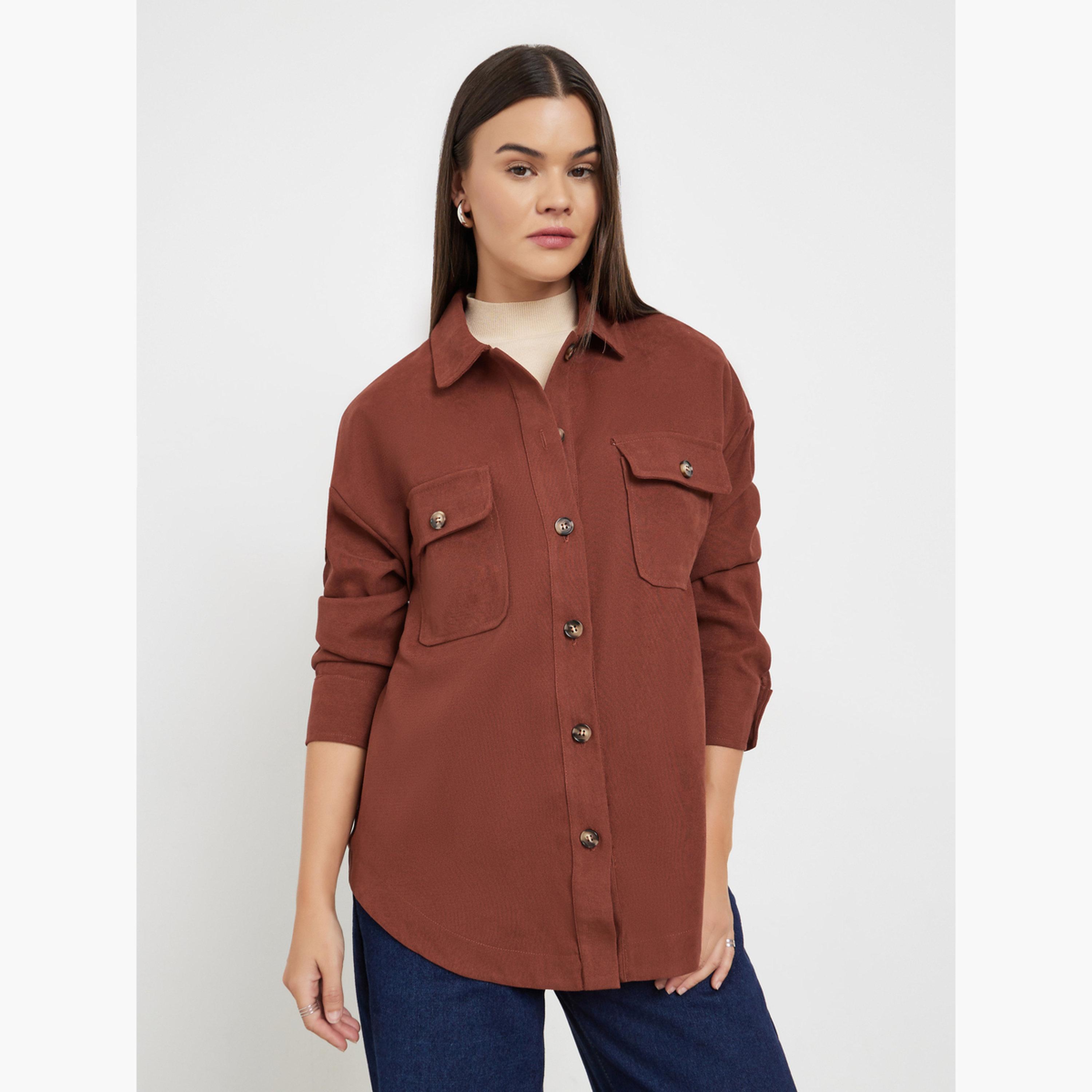 Styli Brown Front Button Collared Shirt-women-clothing-shirtsandblouses-shirts-image-1