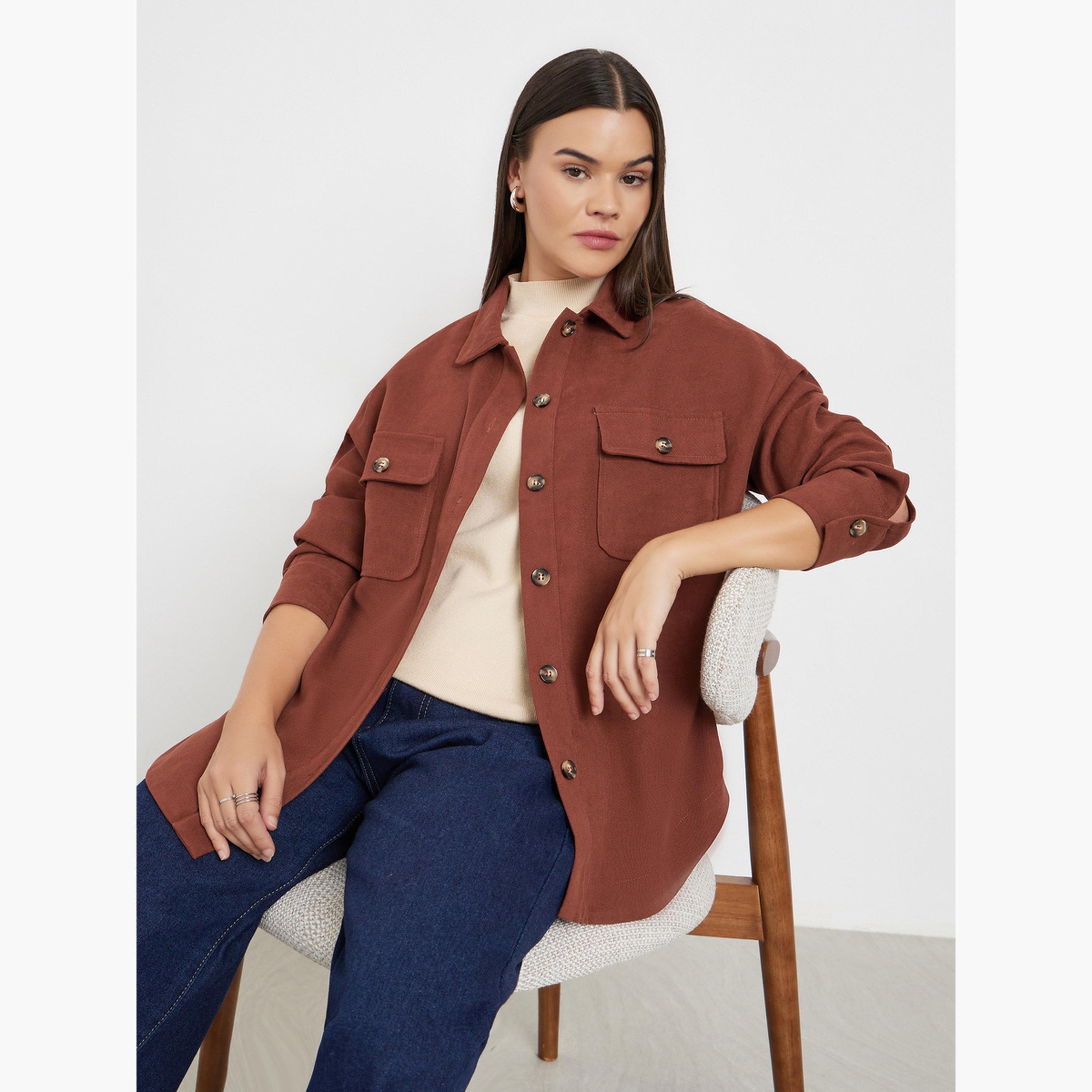 Styli Brown Front Button Collared Shirt-women-clothing-shirtsandblouses-shirts-image-3