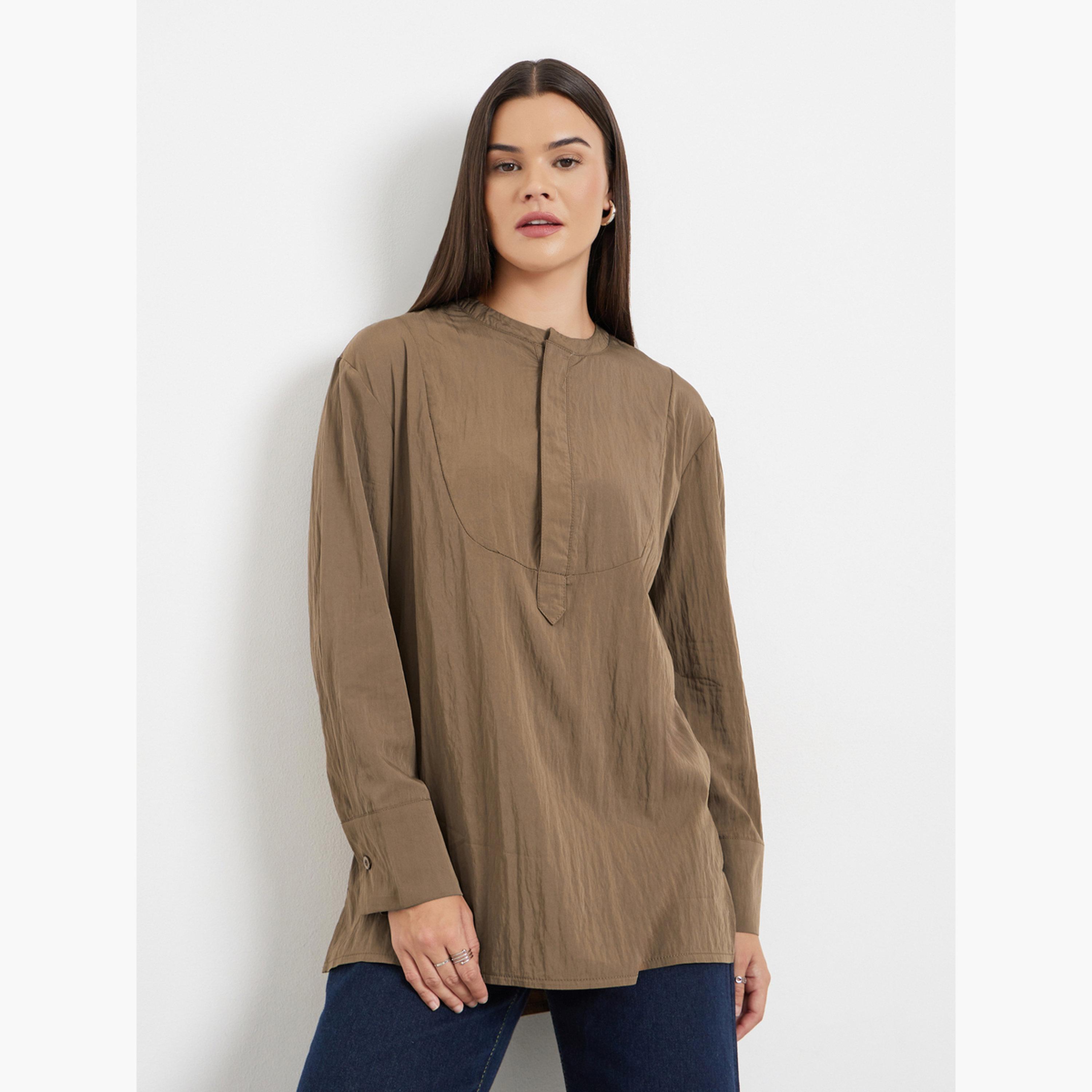 ستايلي - بلوزة بنية بأكمام طويلة-women-clothing-tshirts-image-1