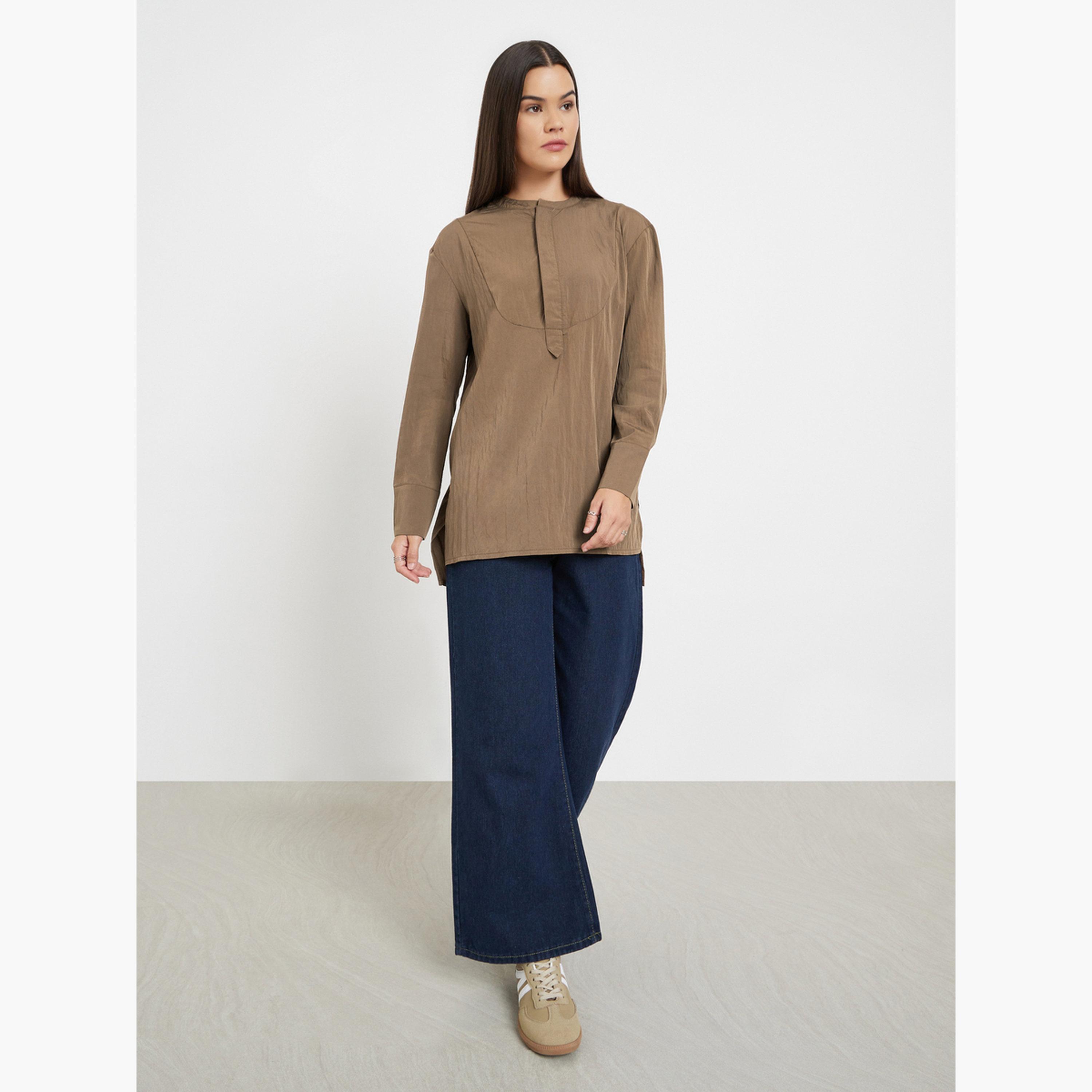 Styli Brown Long Sleeve Tunic Top-women-clothing-tshirts-image-2