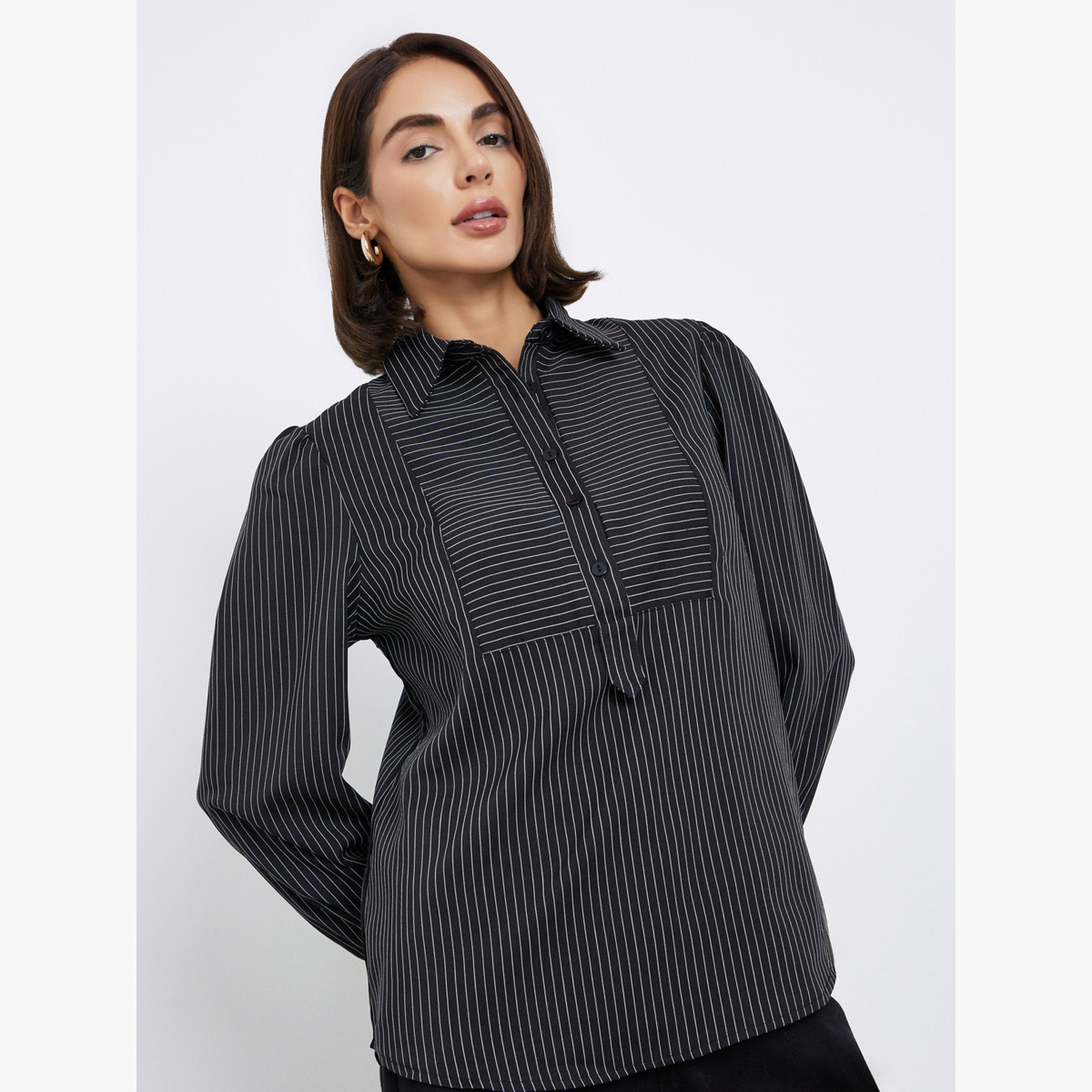 ستايلي - بلوزة سوداء مخططة بأكمام طويلة للنساء-women-clothing-shirtsandblouses-shirts-image-1
