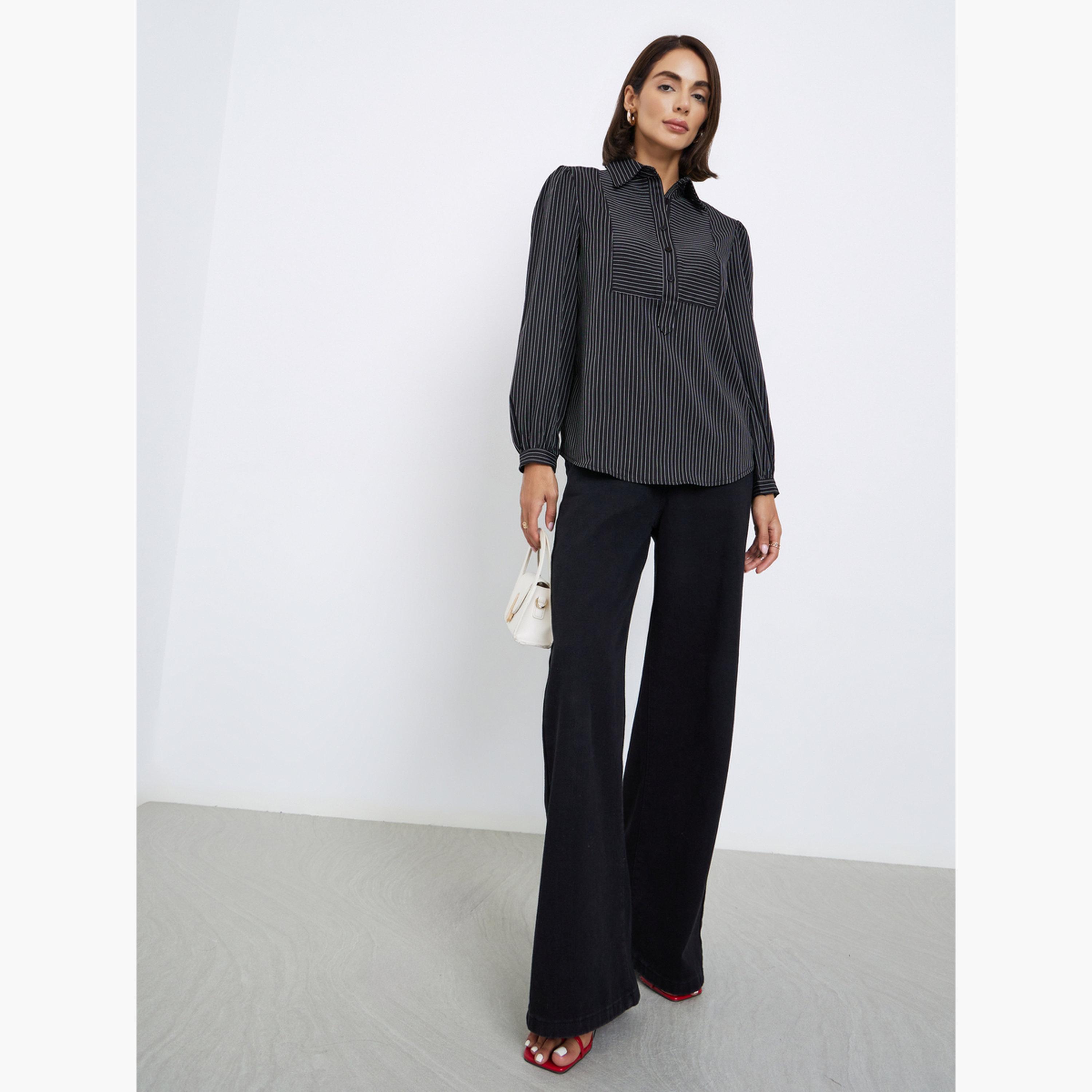 Styli Women Black Striped Long Sleeve Blouse-women-clothing-shirtsandblouses-shirts-image-2
