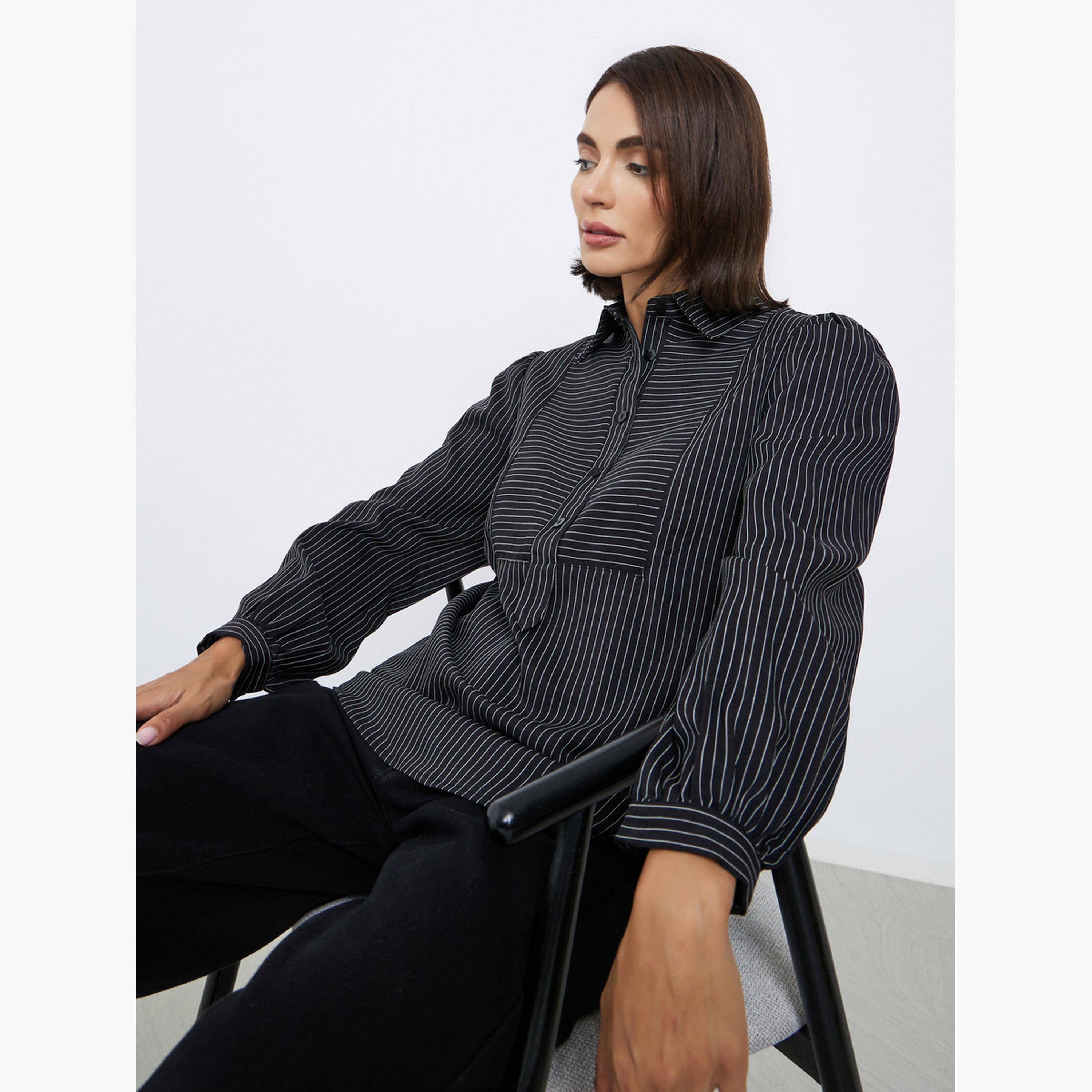 ستايلي - بلوزة سوداء مخططة بأكمام طويلة للنساء-women-clothing-shirtsandblouses-shirts-image-3