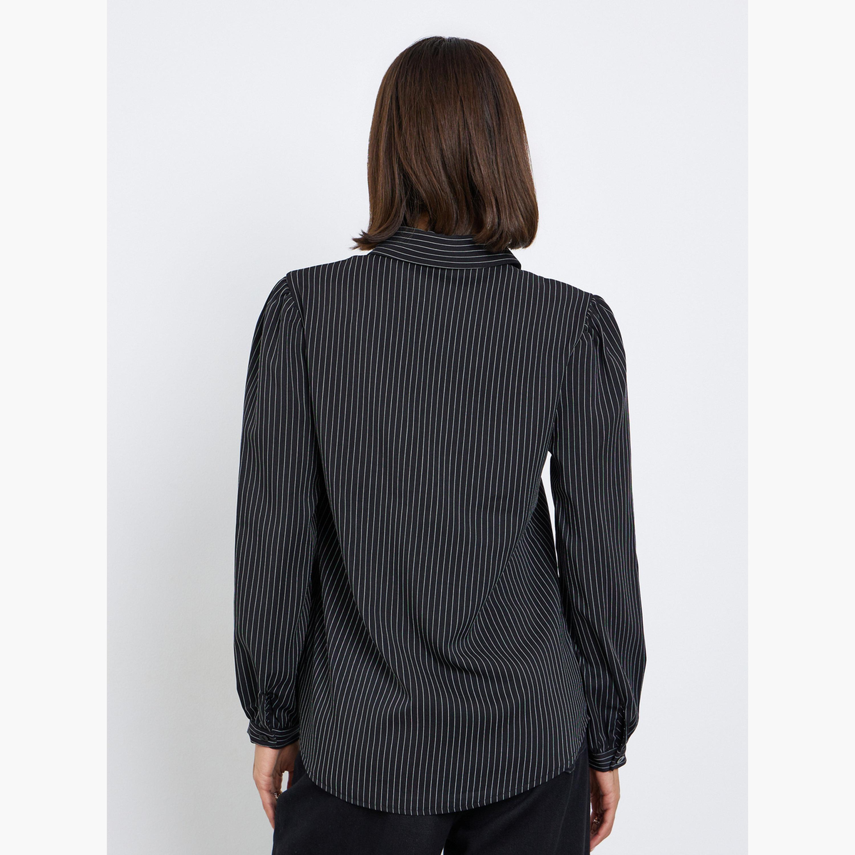ستايلي - بلوزة سوداء مخططة بأكمام طويلة للنساء-women-clothing-shirtsandblouses-shirts-image-5