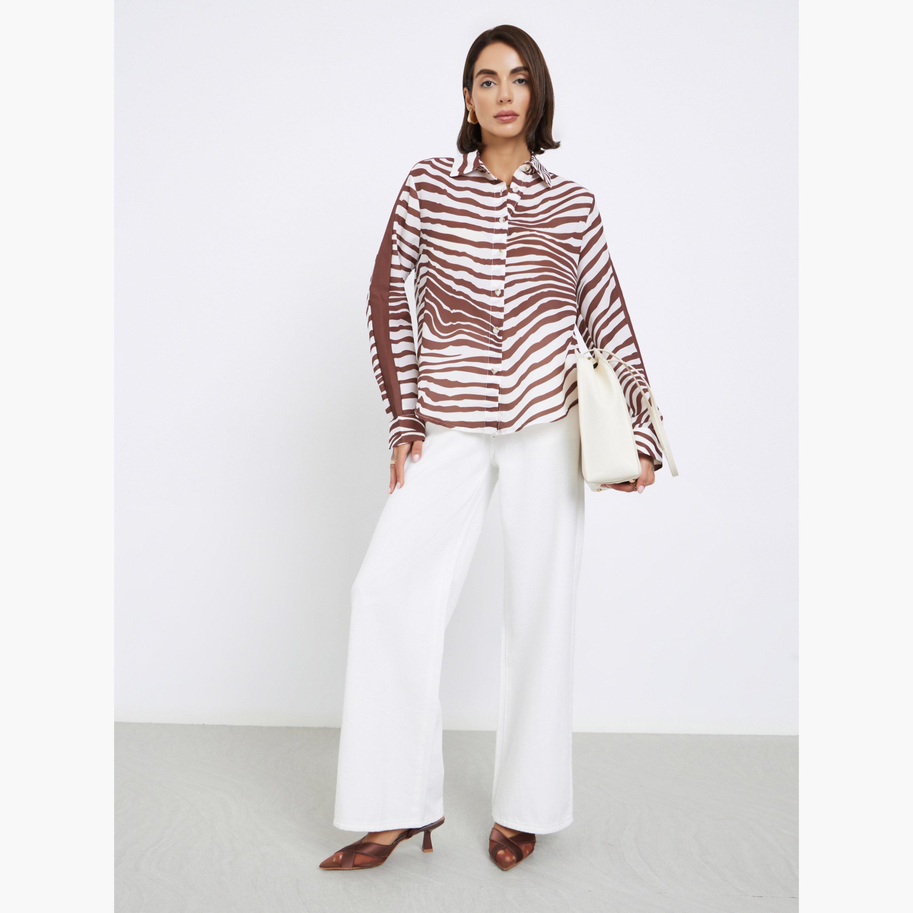 ستايلي - قميص بيج نقشة حمار وحشي وأكمام طويلة للنساء-women-clothing-shirtsandblouses-shirts-image-2