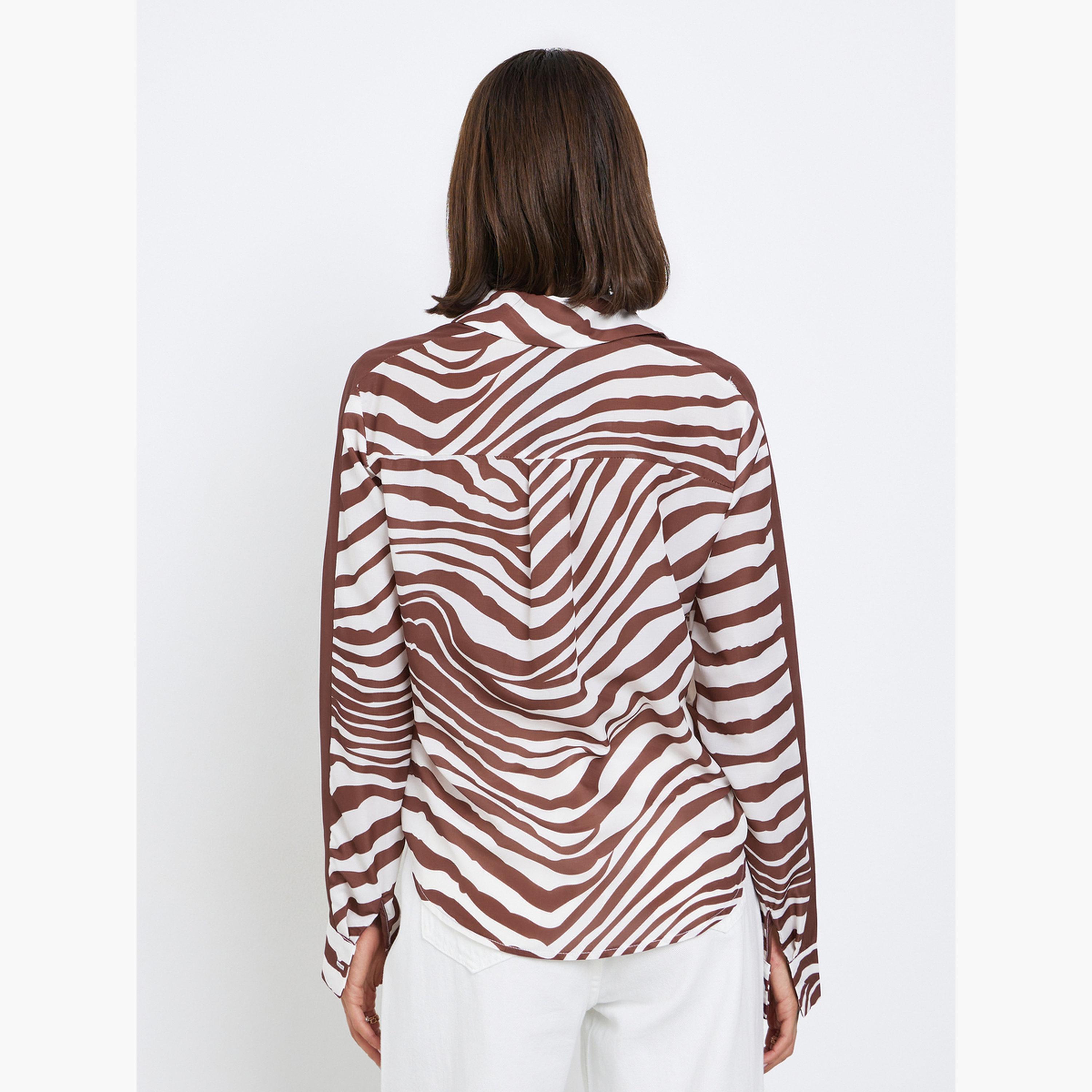 ستايلي - قميص بيج نقشة حمار وحشي وأكمام طويلة للنساء-women-clothing-shirtsandblouses-shirts-image-5