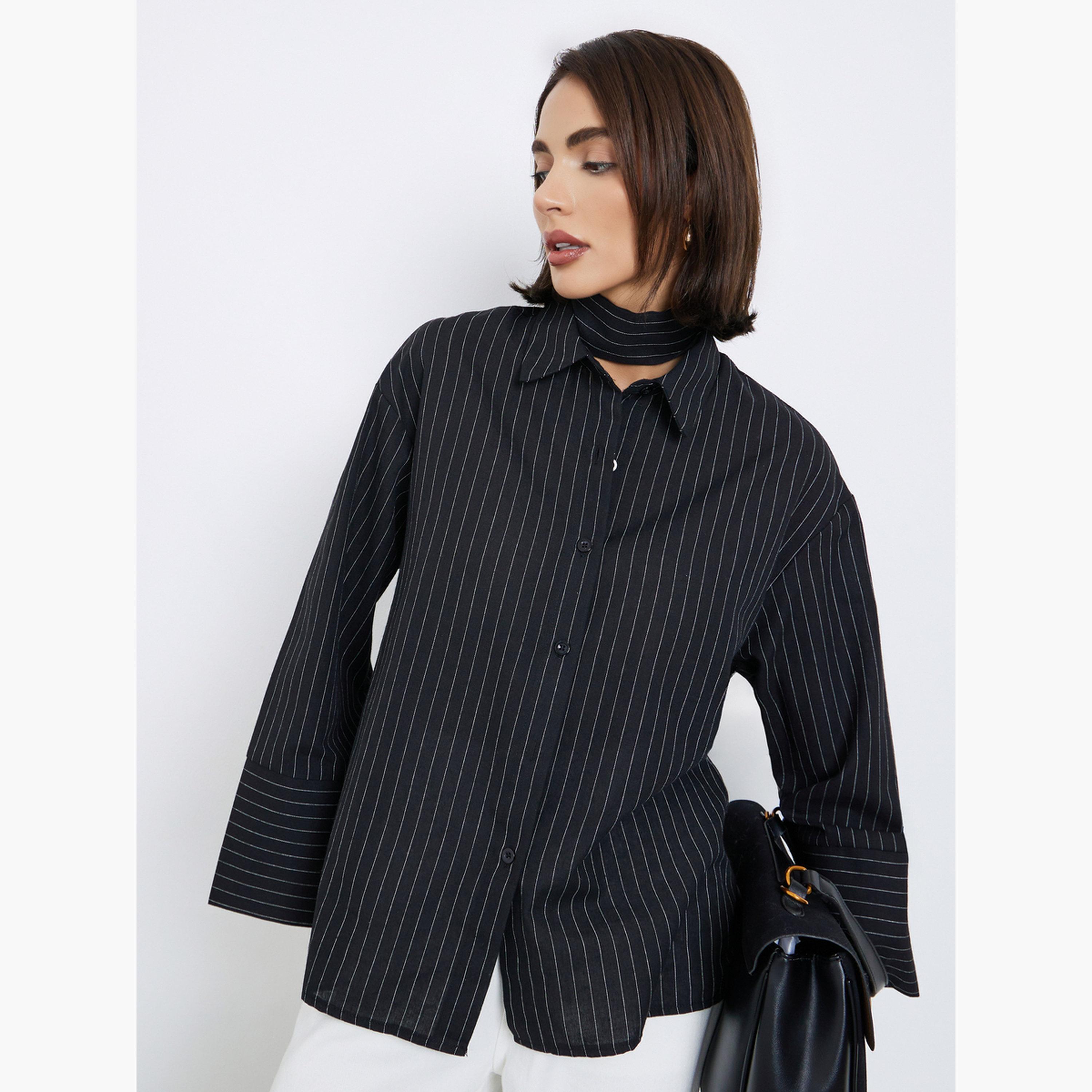 Styli Women Black Pinstripe Long Sleeve Shirt-women-clothing-shirtsandblouses-shirts-image-1