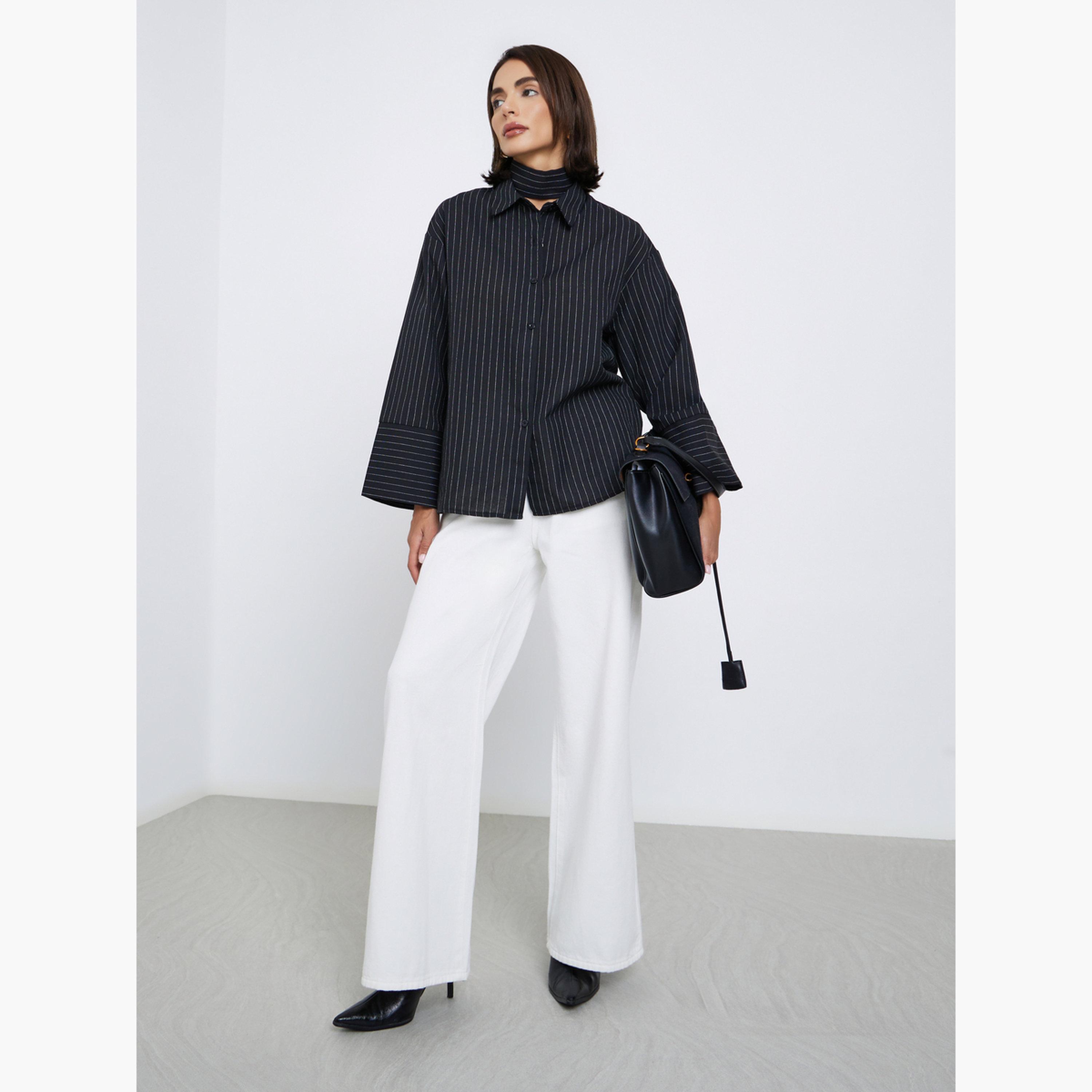 Styli Women Black Pinstripe Long Sleeve Shirt-women-clothing-shirtsandblouses-shirts-image-2