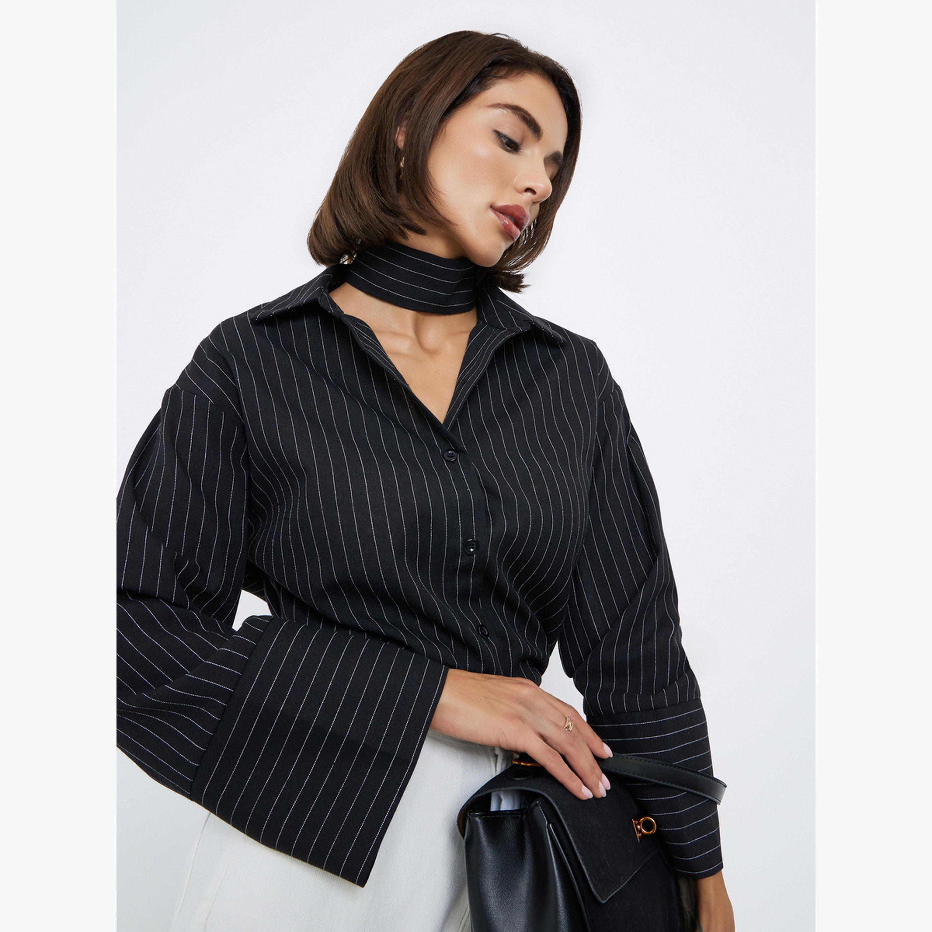 ستايلي - قميص أسود مخطط بأكمام طويلة للنساء-women-clothing-shirtsandblouses-shirts-image-3