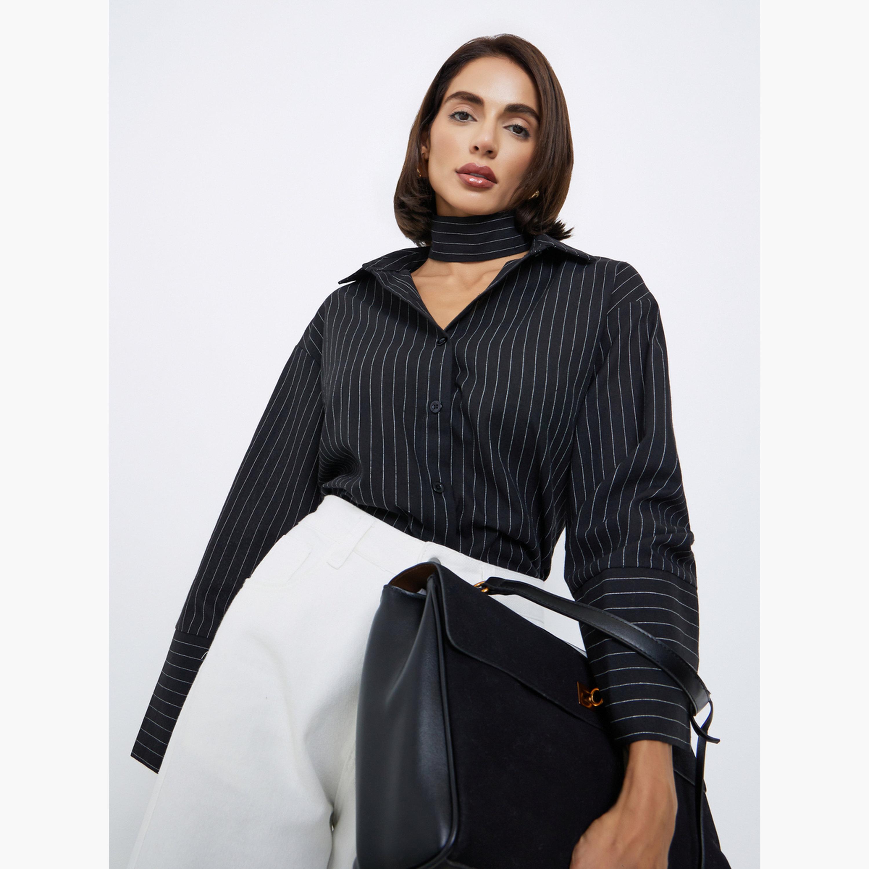 Styli Women Black Pinstripe Long Sleeve Shirt-women-clothing-shirtsandblouses-shirts-image-4