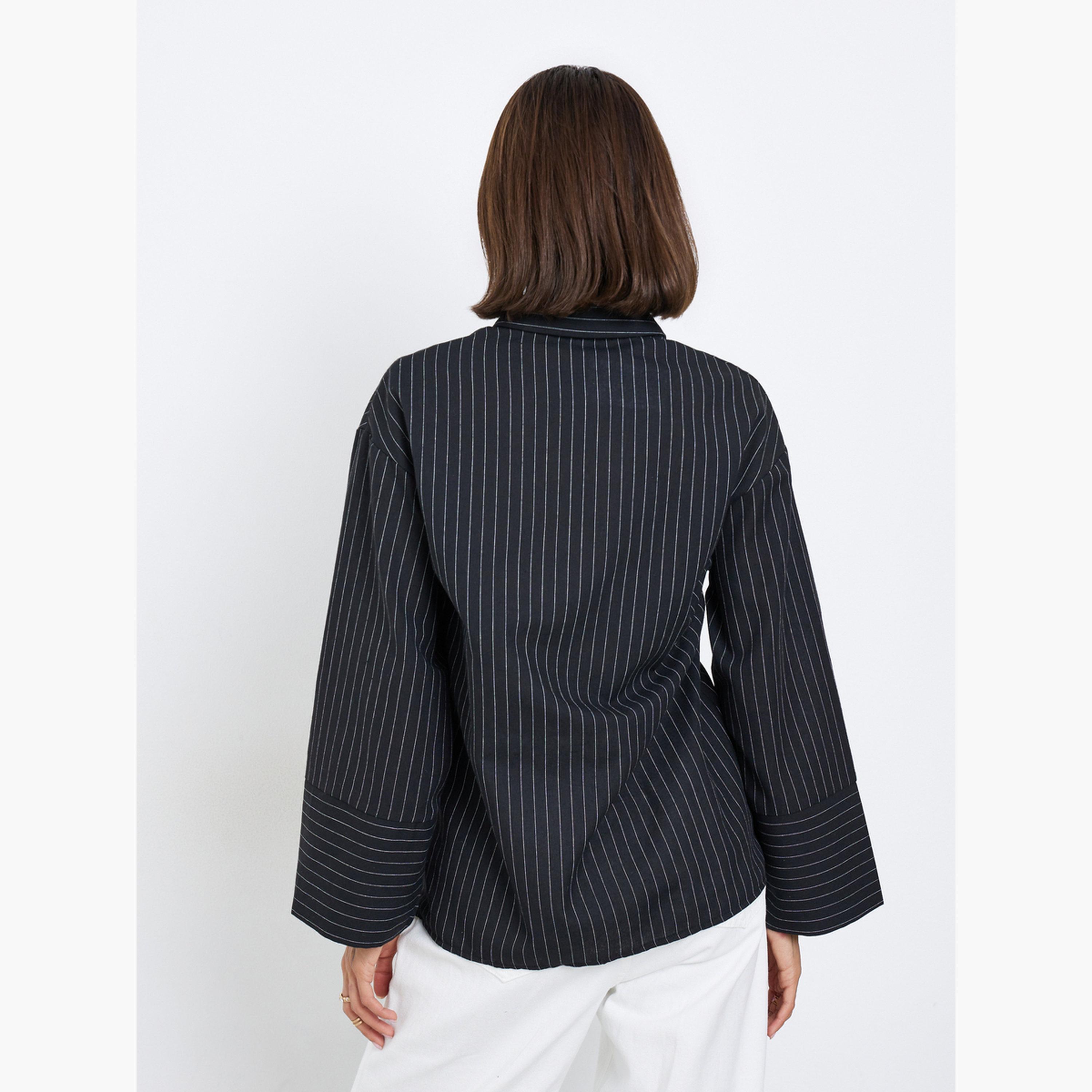 Styli Women Black Pinstripe Long Sleeve Shirt-women-clothing-shirtsandblouses-shirts-image-5