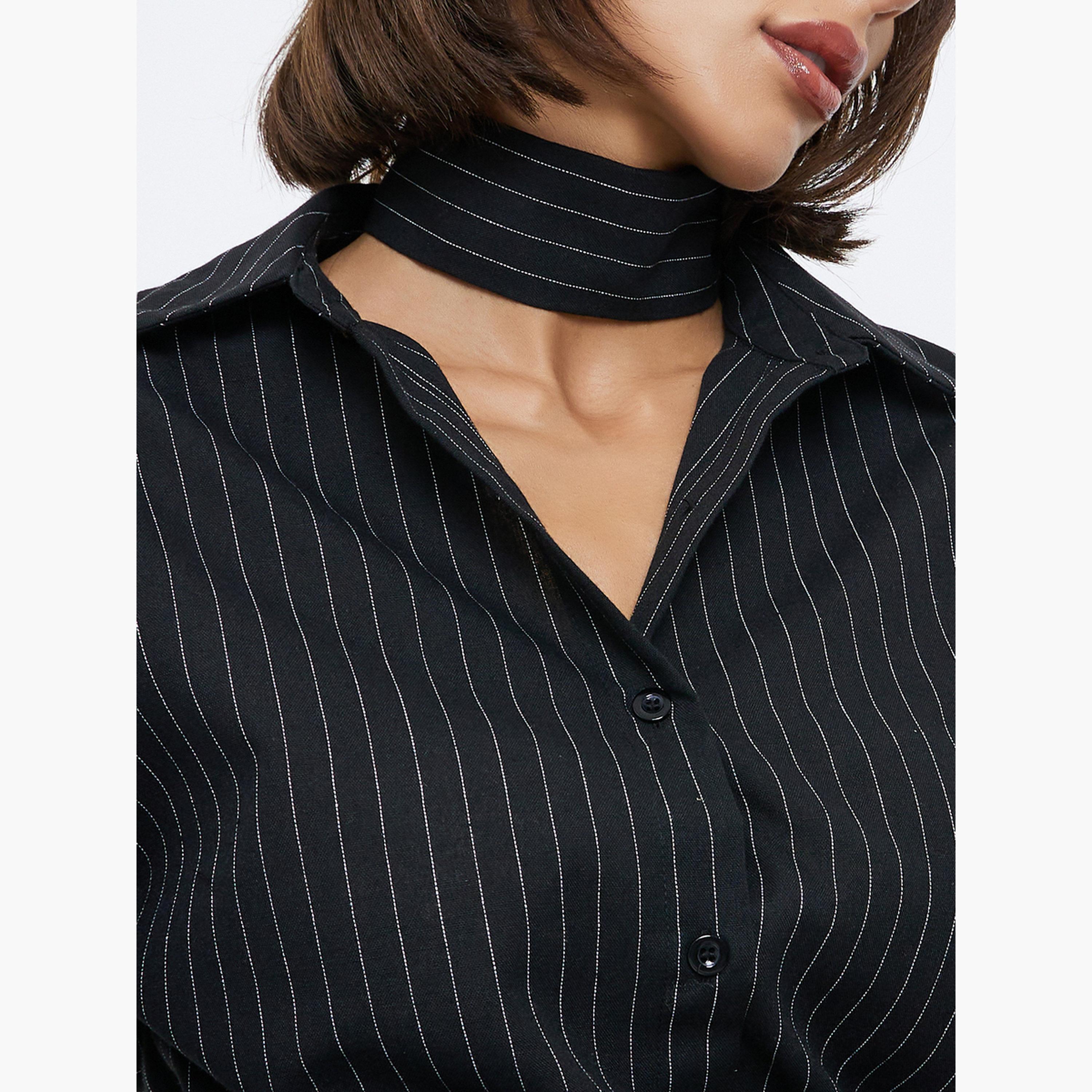 Styli Women Black Pinstripe Long Sleeve Shirt-women-clothing-shirtsandblouses-shirts-image-6