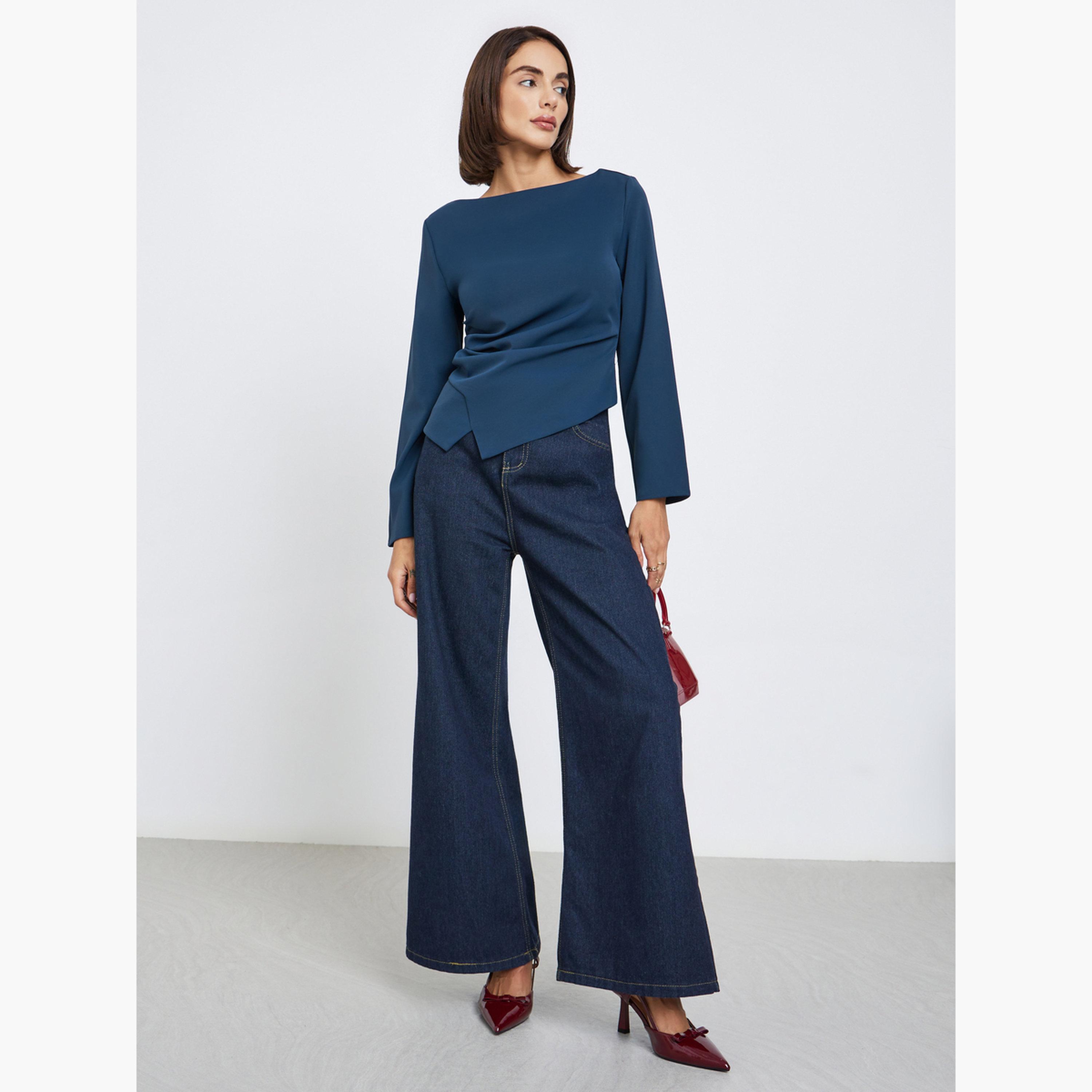 ستايلي - بلوزة زرقاء بأكمام طويلة للنساء-women-clothing-shirtsandblouses-blouses-image-2