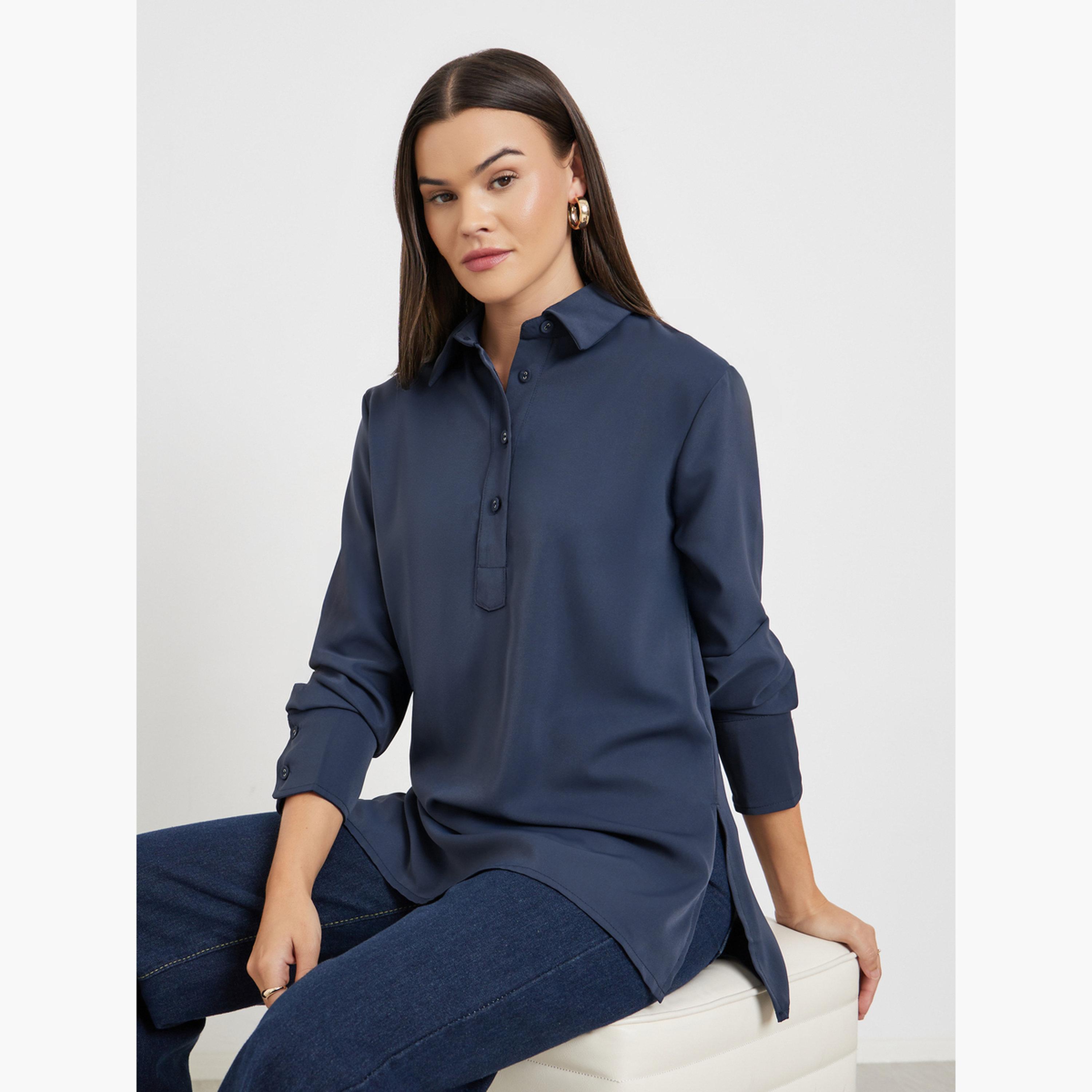 Styli Blue Longline Shirt with Half Placket-women-clothing-shirtsandblouses-shirts-image-1