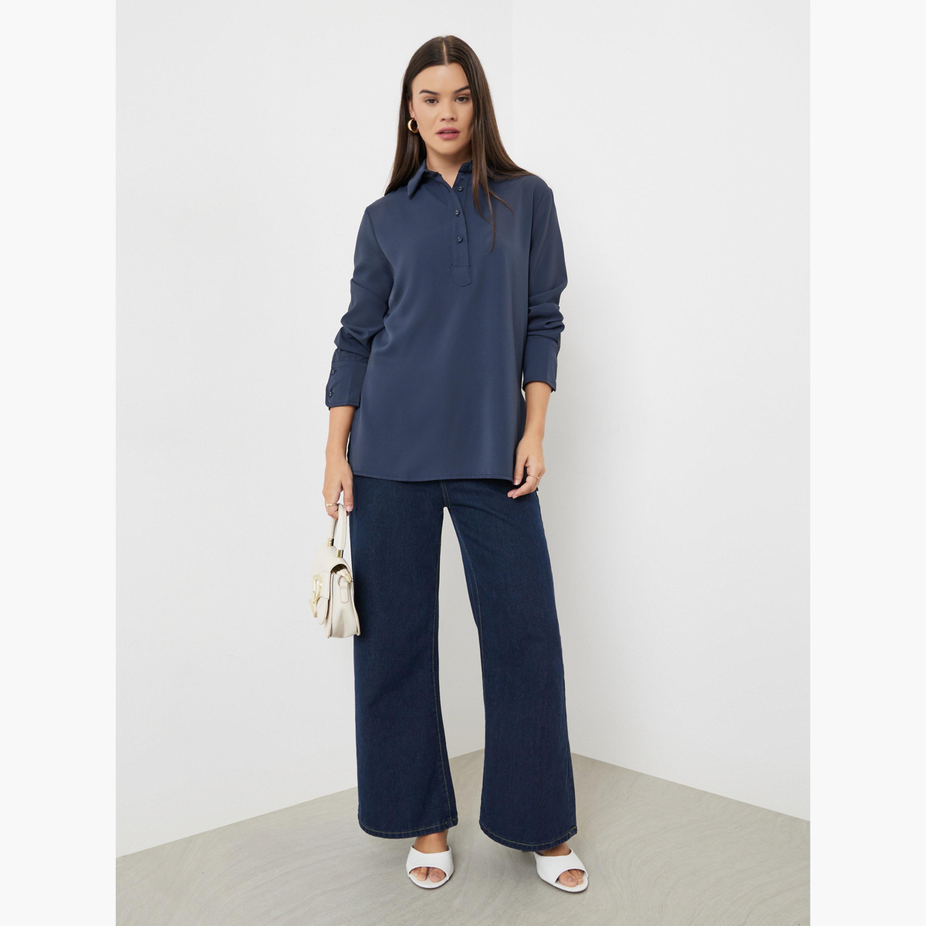 ستايلي - قميص أزرق طويل مع نصف فتحة-women-clothing-shirtsandblouses-shirts-image-2