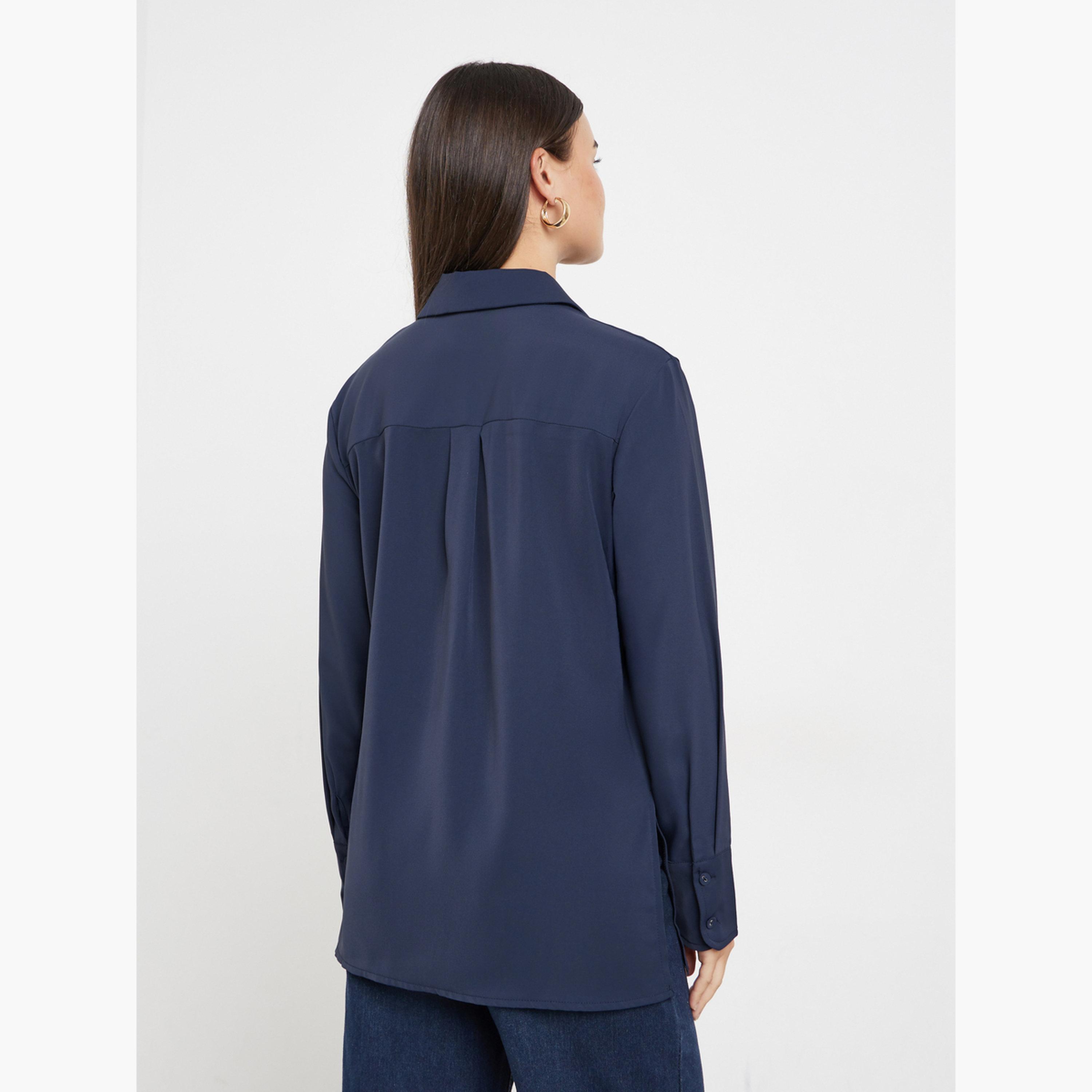 Styli Blue Longline Shirt with Half Placket-women-clothing-shirtsandblouses-shirts-image-4
