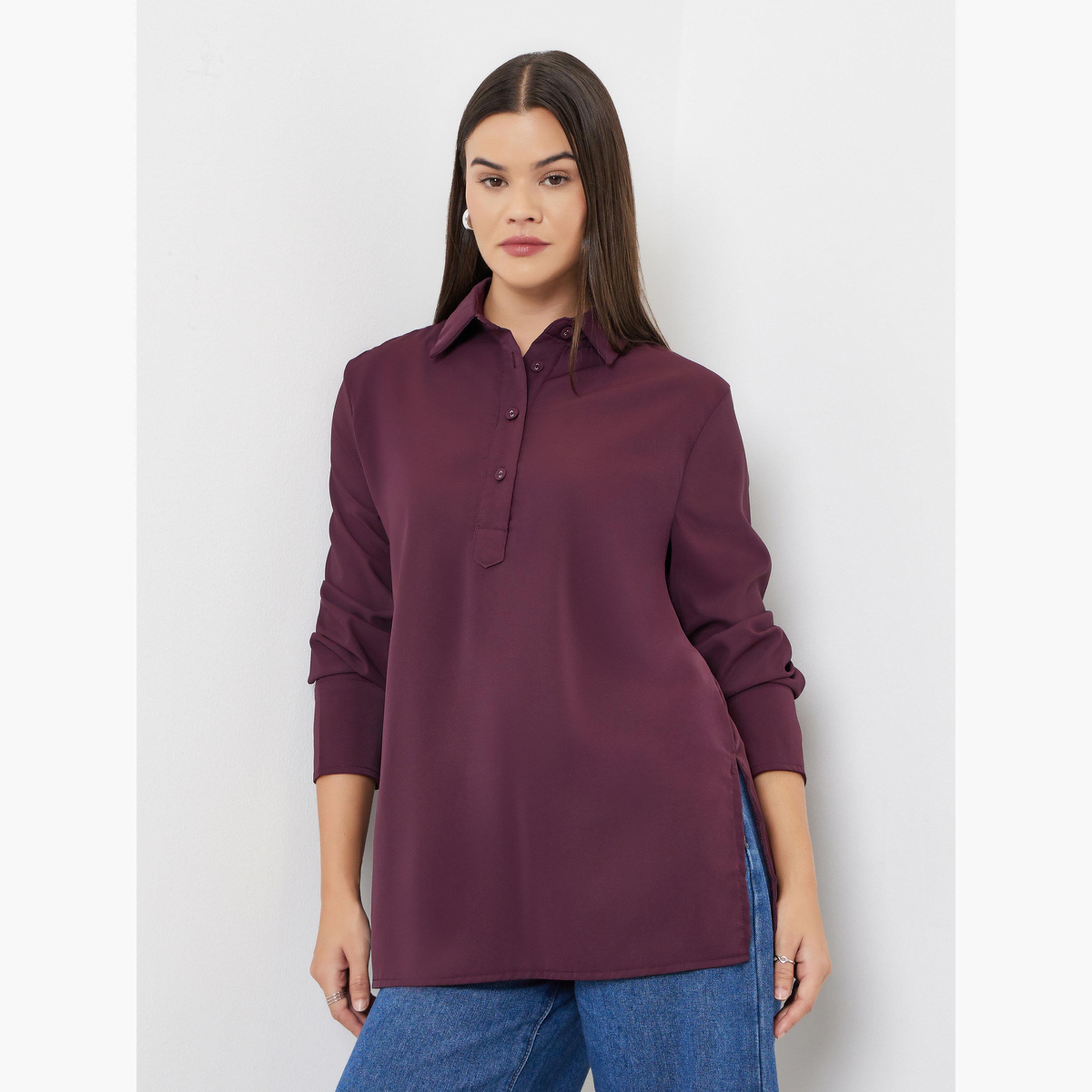 Styli Burgundy Longline Shirt with Half Placket-women-clothing-shirtsandblouses-shirts-image-1
