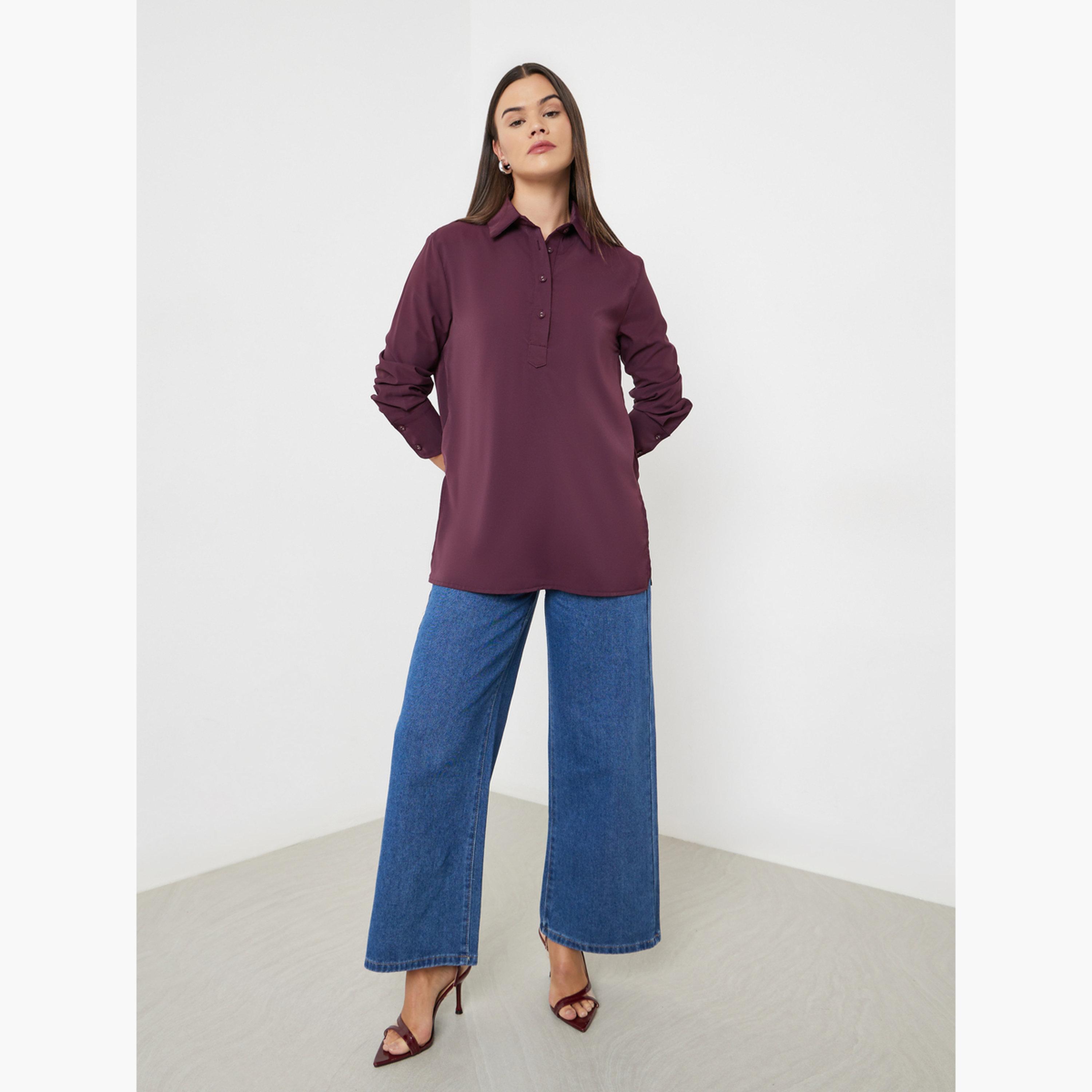 Styli Burgundy Longline Shirt with Half Placket-women-clothing-shirtsandblouses-shirts-image-2