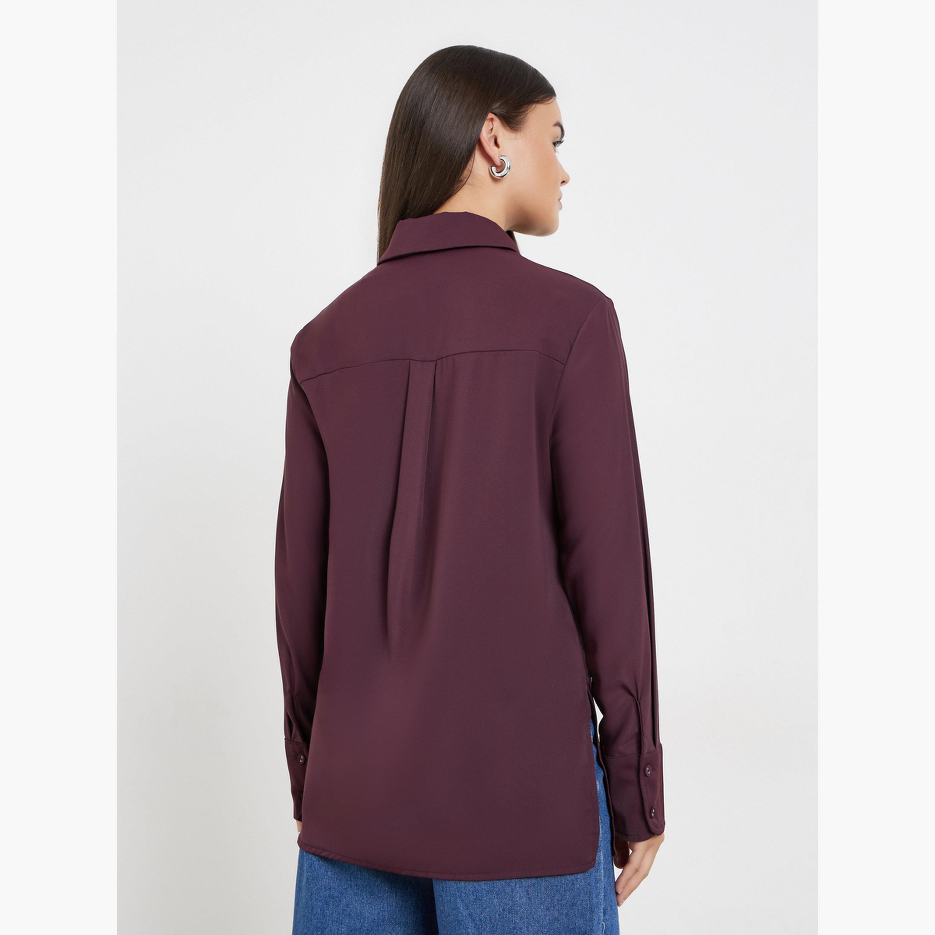 Styli Burgundy Longline Shirt with Half Placket-women-clothing-shirtsandblouses-shirts-image-4