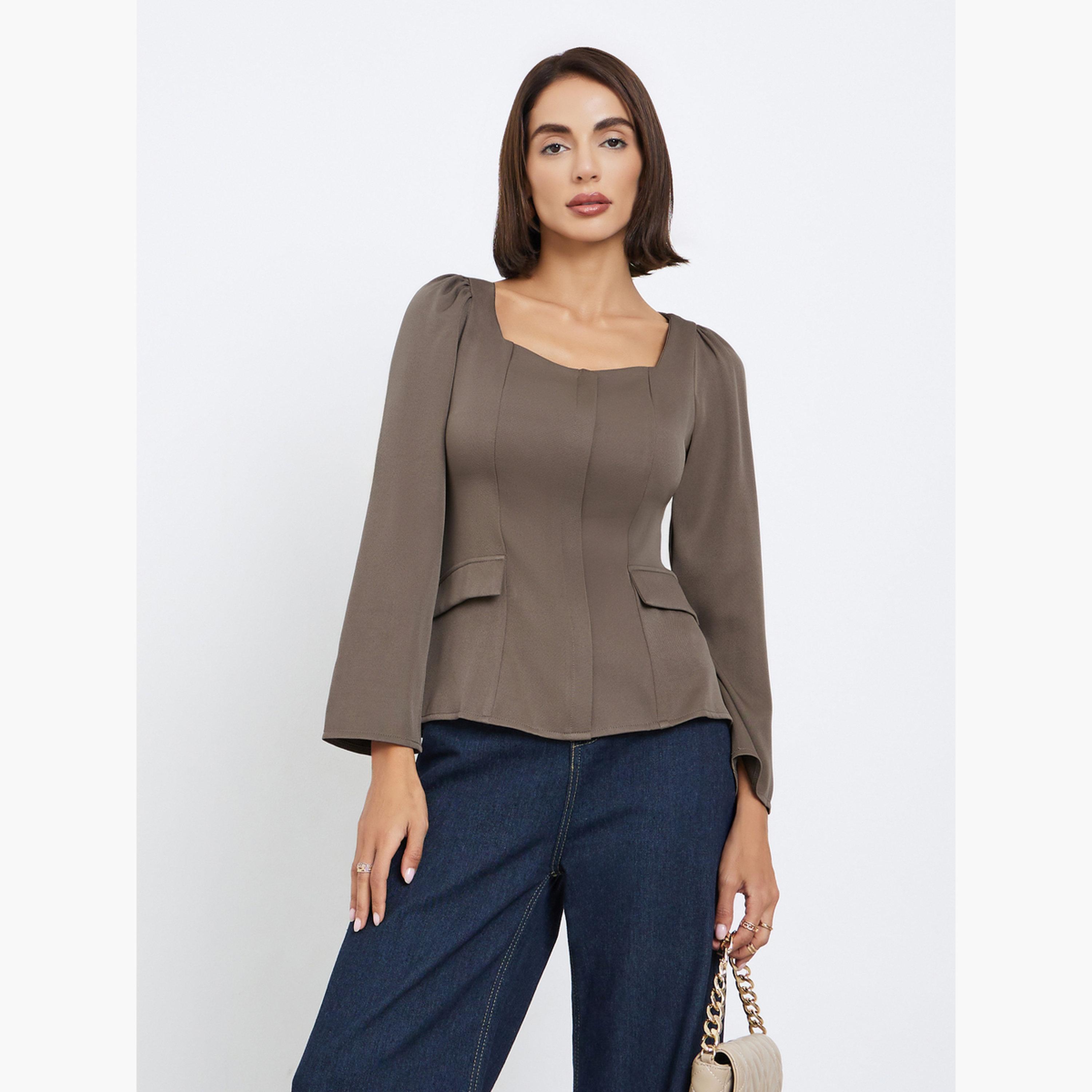 ستايلي - بلوزة بنية اللون بفتحة صدر على شكل قلب للنساء-women-clothing-shirtsandblouses-blouses-image-1
