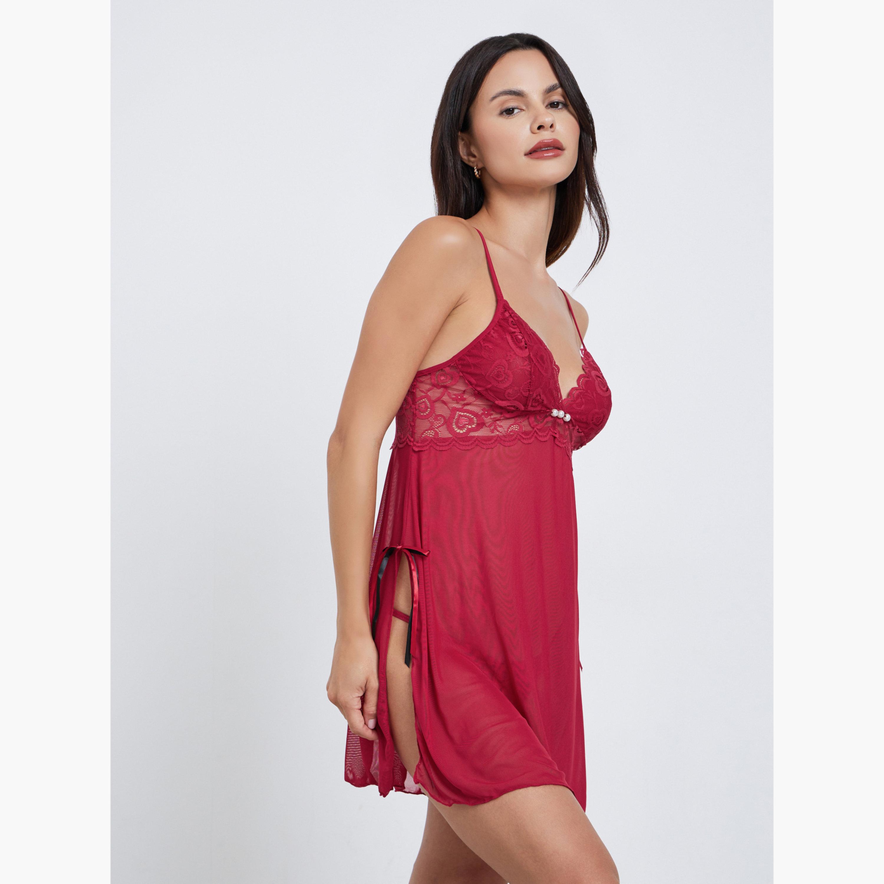 ستايلي - لباس داخلي دانتيل بحافة صدفية على شكل قلب مع شقوق جانبية وسروال داخلي قصير-women-clothing-lingerie-babydollsandbodysuits-image-2