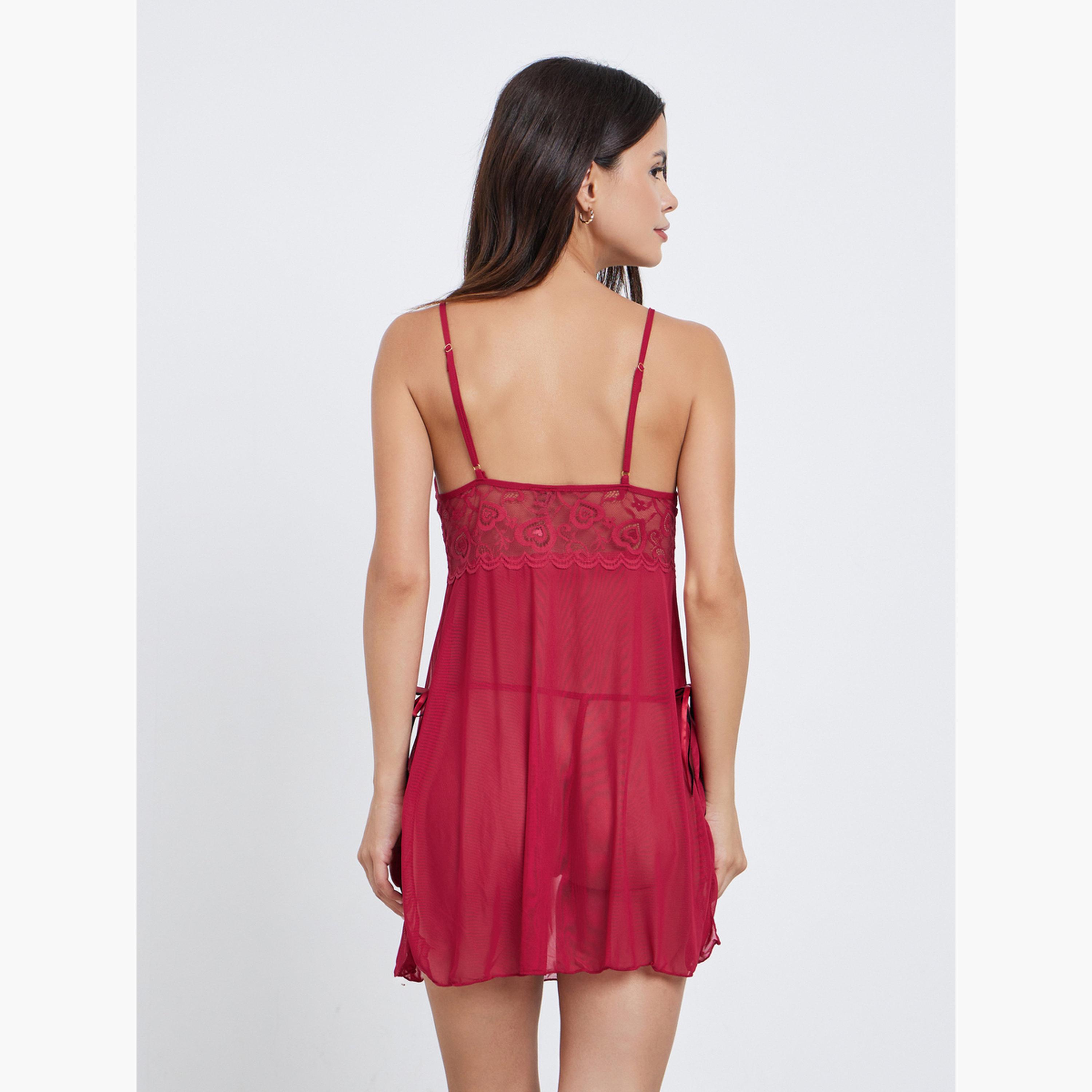 ستايلي - لباس داخلي دانتيل بحافة صدفية على شكل قلب مع شقوق جانبية وسروال داخلي قصير-women-clothing-lingerie-babydollsandbodysuits-image-3