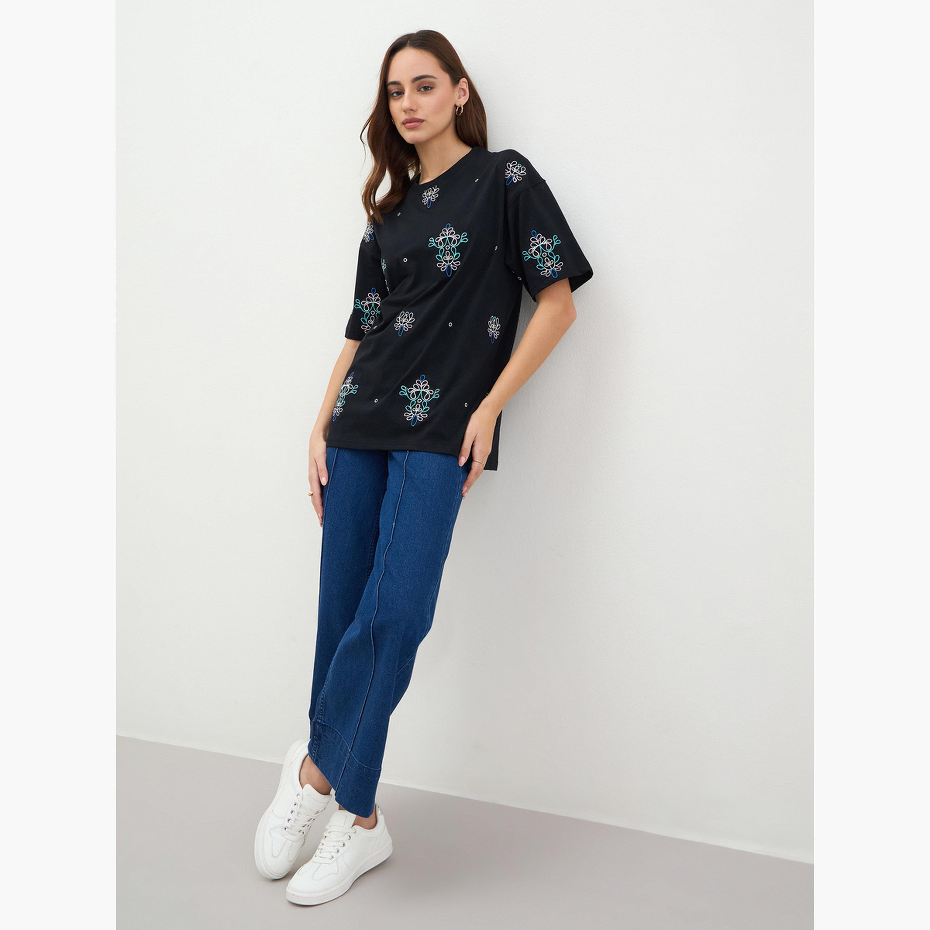 Styli Black Embroidered Oversized T-Shirt-women-clothing-tshirts-image-2