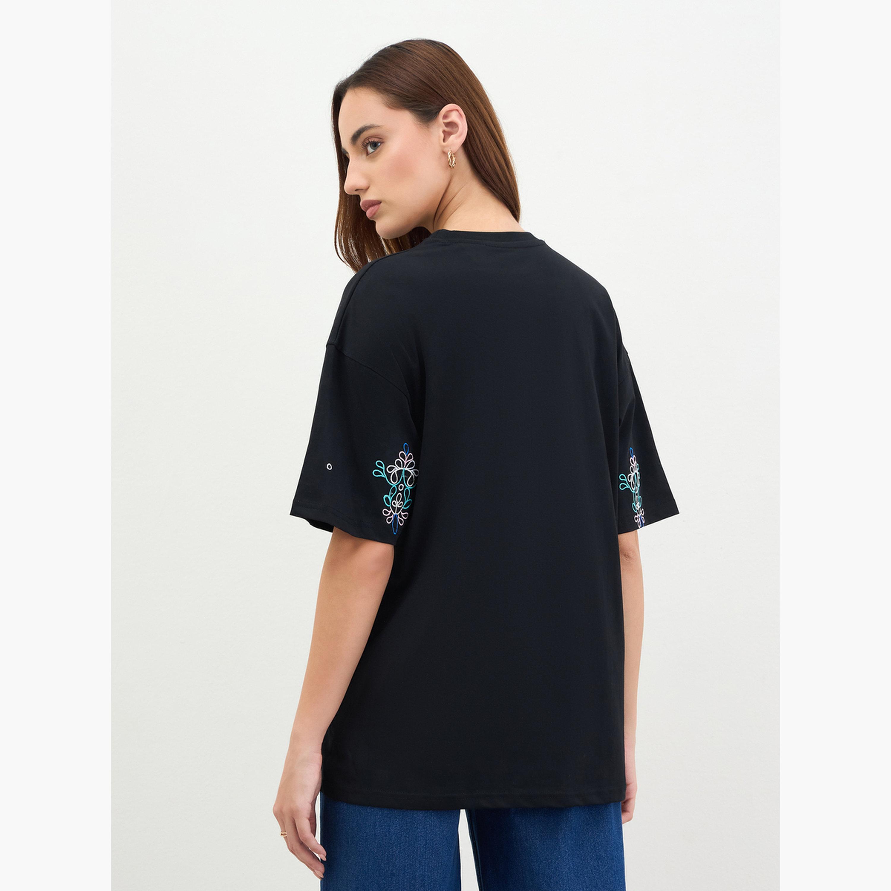 Styli Black Embroidered Oversized T-Shirt-women-clothing-tshirts-image-5