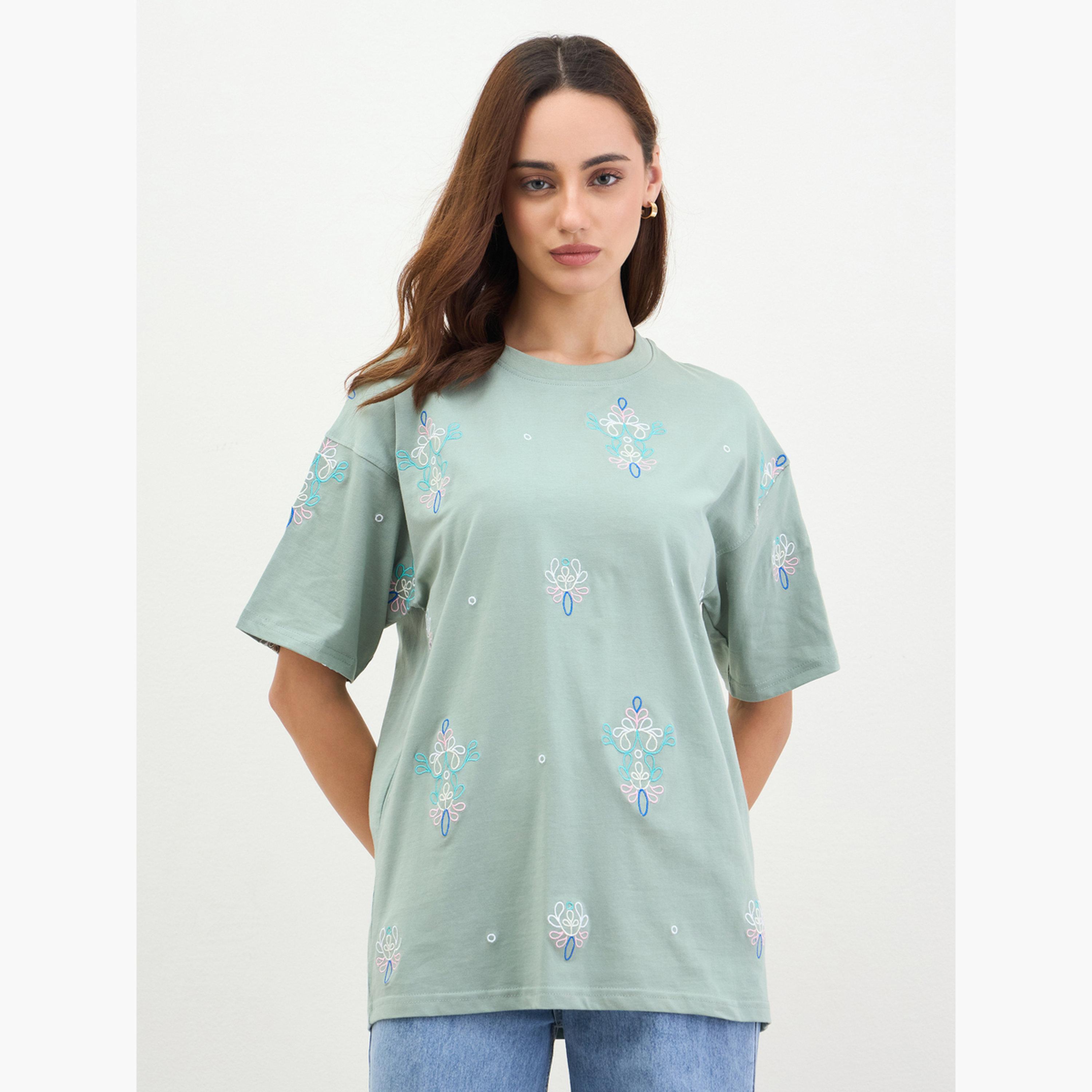 Styli Green Embroidered Oversized T-Shirt-women-clothing-tshirts-image-1