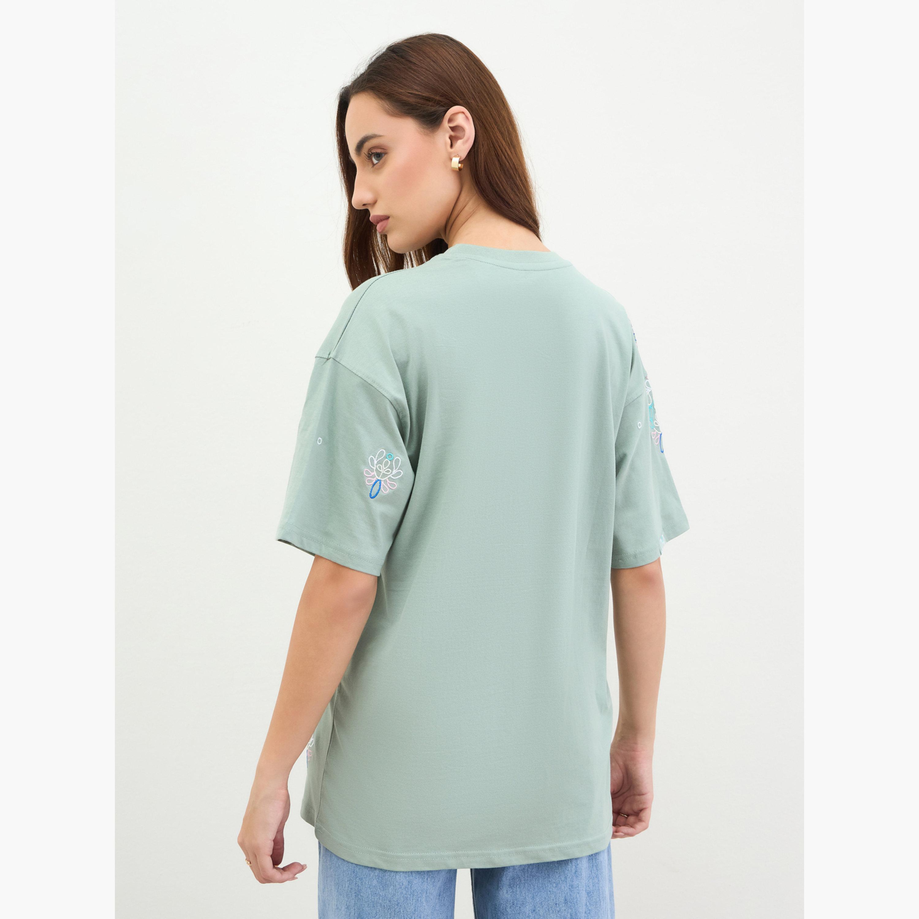Styli Green Embroidered Oversized T-Shirt-women-clothing-tshirts-image-5
