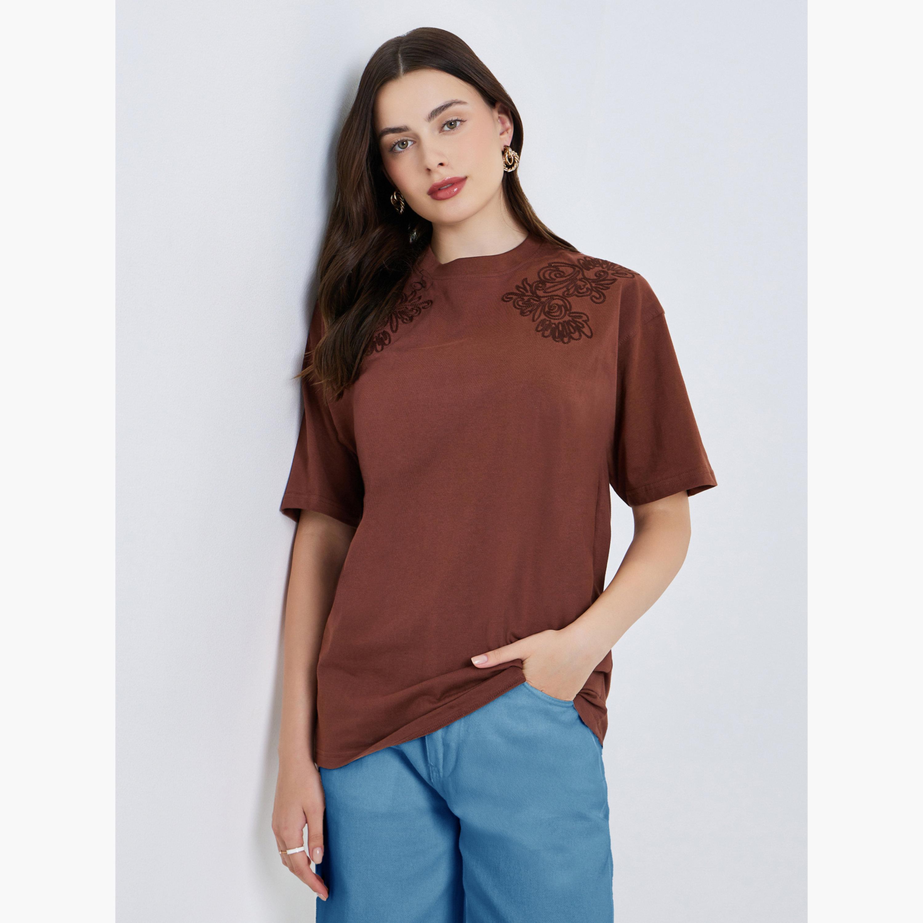 Styli Women Floral Tonal Embroidery 100% Cotton T-Shirt-women-clothing-tshirts-image-1