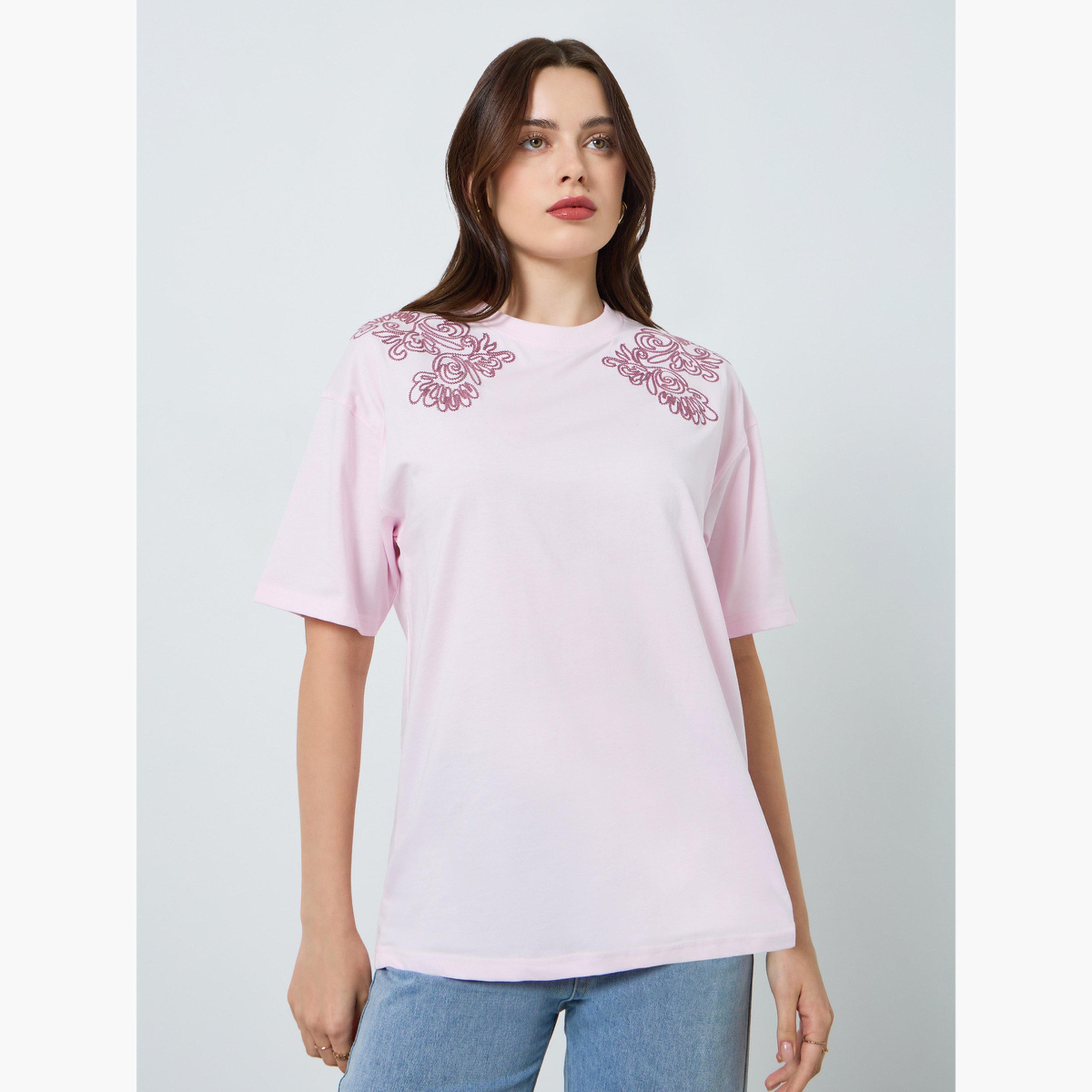 Styli Women Floral Tonal Embroidery 100% Cotton T-Shirt-women-clothing-tshirts-image-1
