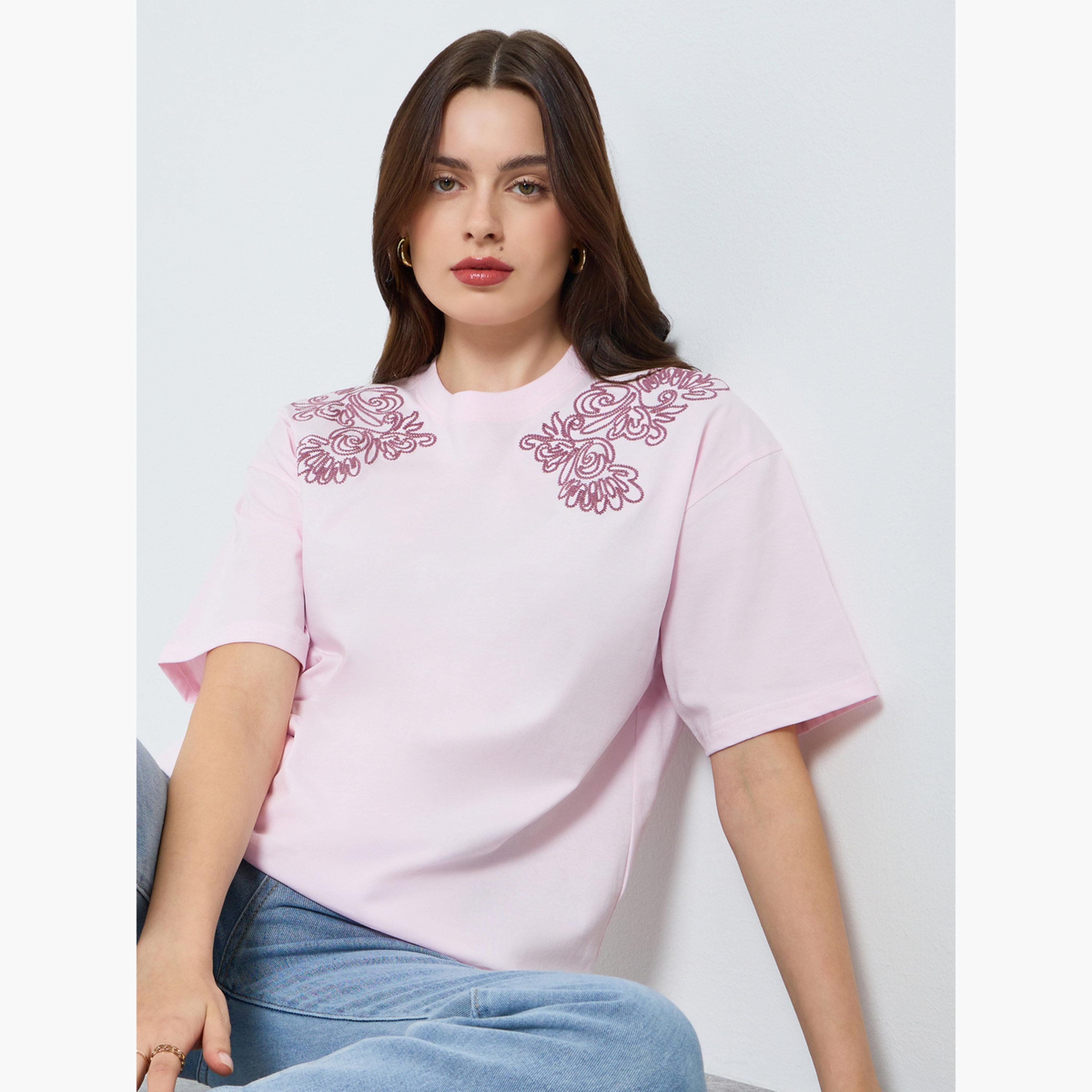 Styli Women Floral Tonal Embroidery 100% Cotton T-Shirt-women-clothing-tshirts-image-3