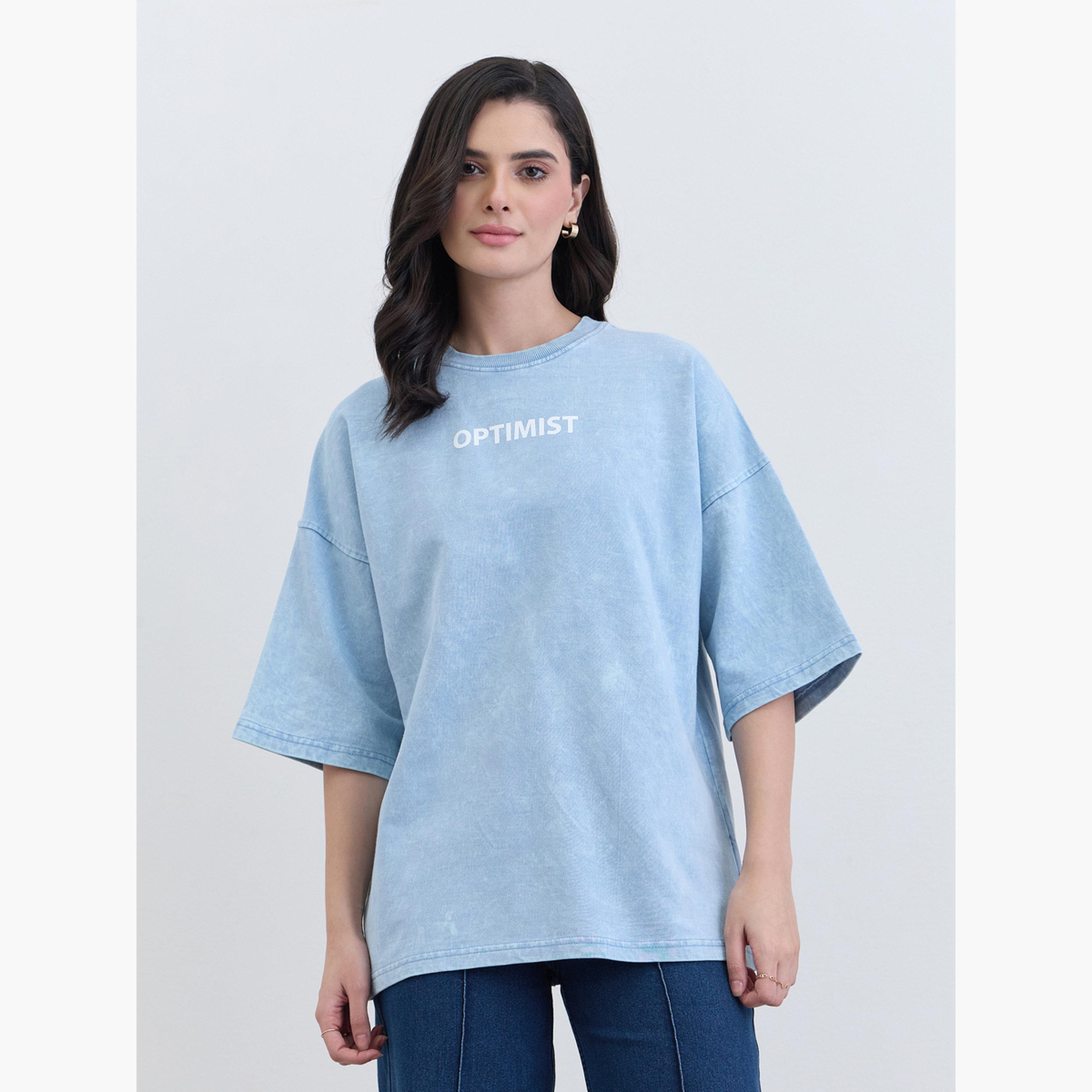 Styli Light Blue Oversized Slogan Print T-Shirt-women-clothing-tshirts-image-1