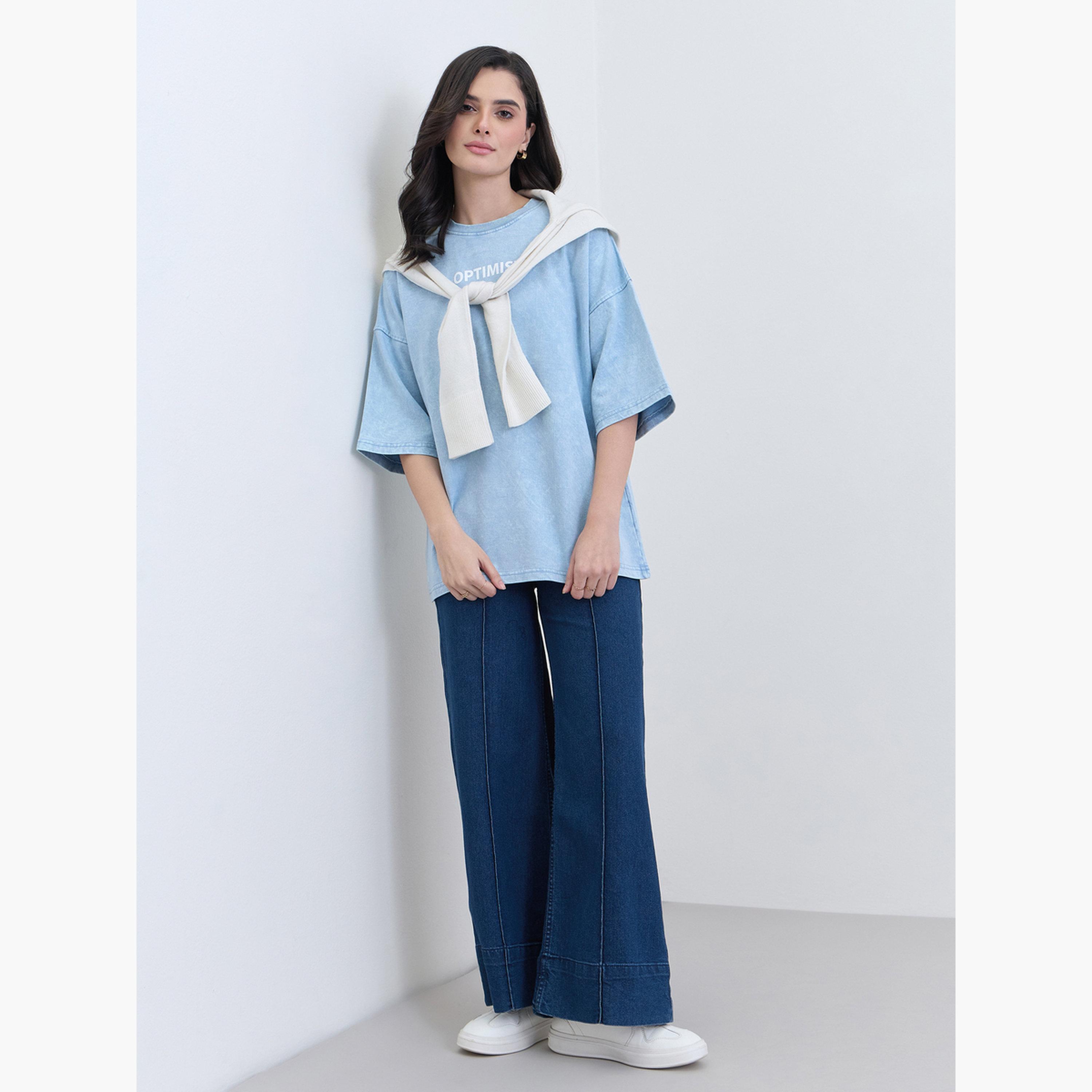 Styli Light Blue Oversized Slogan Print T-Shirt-women-clothing-tshirts-image-2